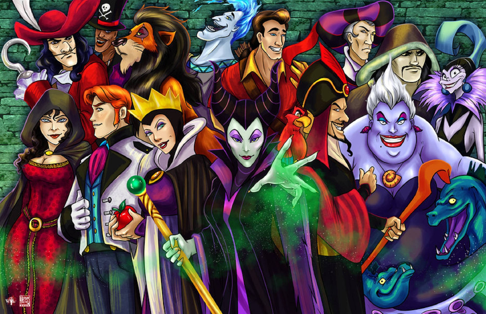 Disney Villains, green brick wall, digital illustration, Full HD Desktop Wallpaper