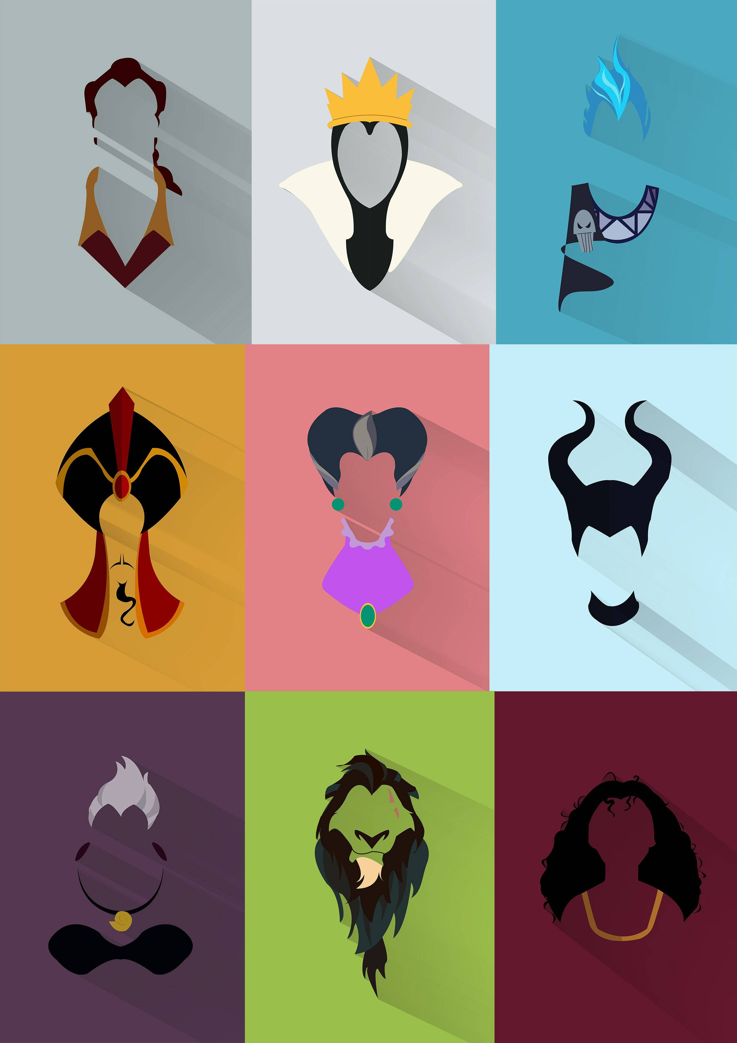 Disney Villains, flat design, bold colors, 2K Phone Wallpaper