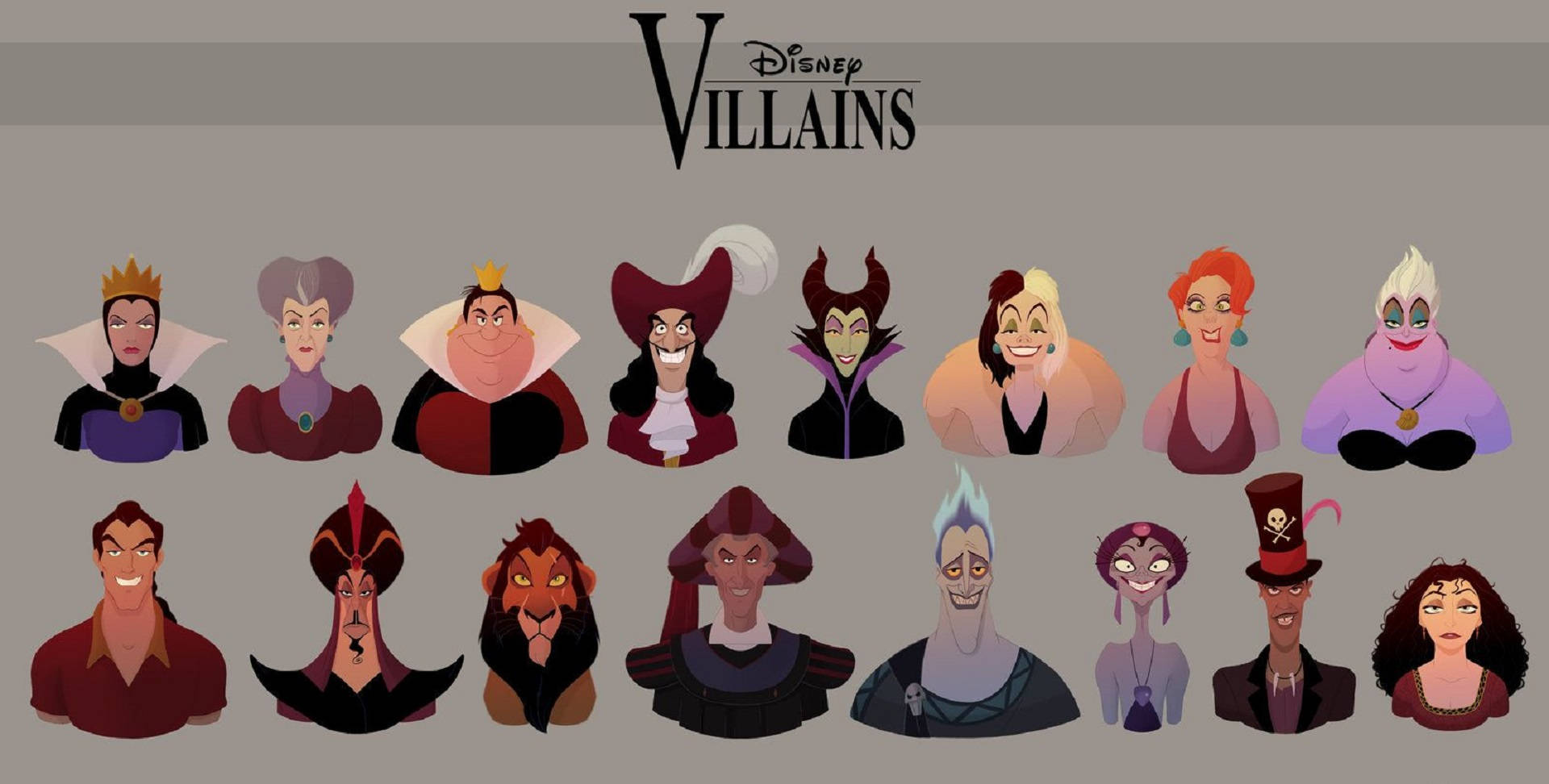 Disney Villains, green banner, stylized portraits, Full HD Desktop Wallpaper