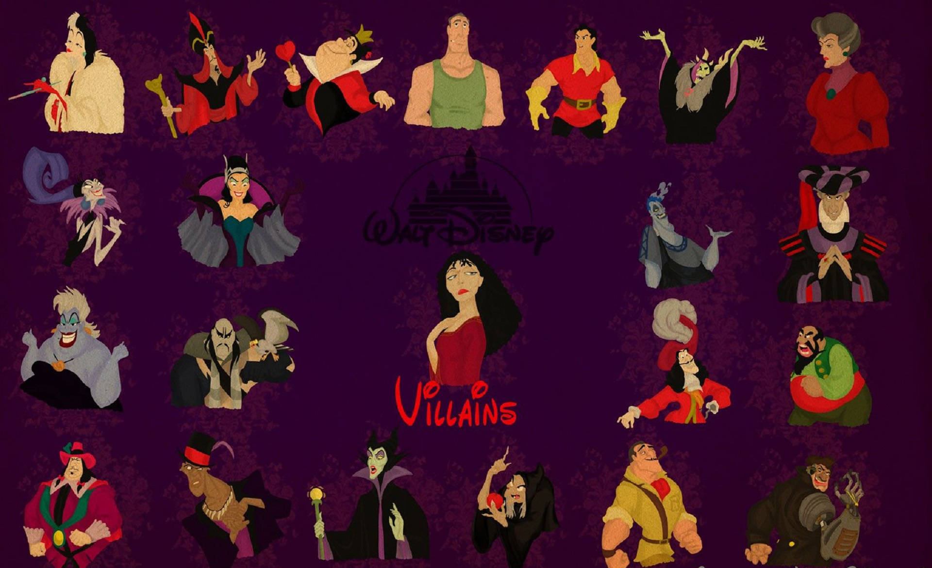 Disney Villains, violet, classic animated style, Full HD Desktop Wallpaper
