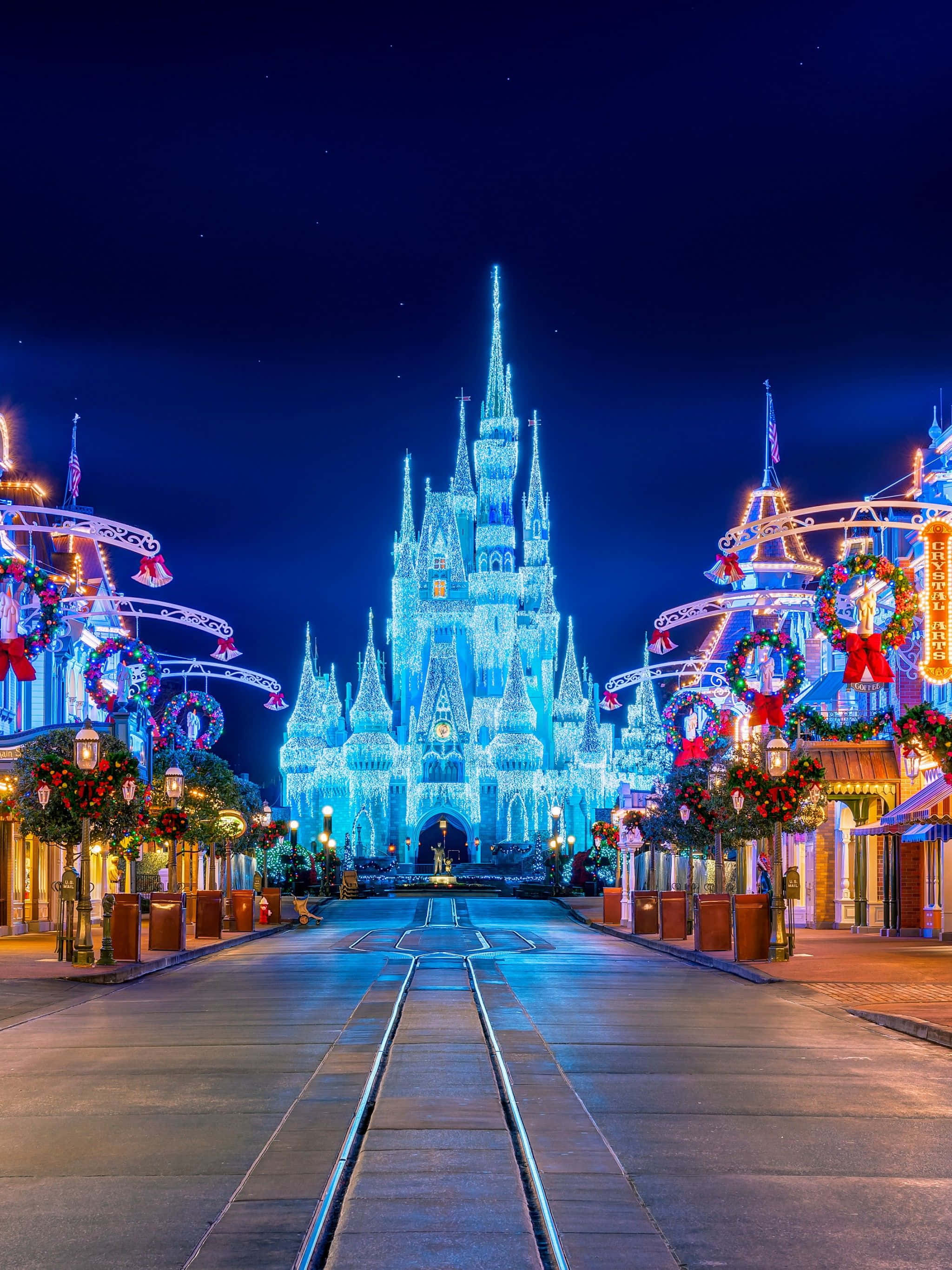 Disney World Android, castle, blue lights, 2K Phone Wallpaper