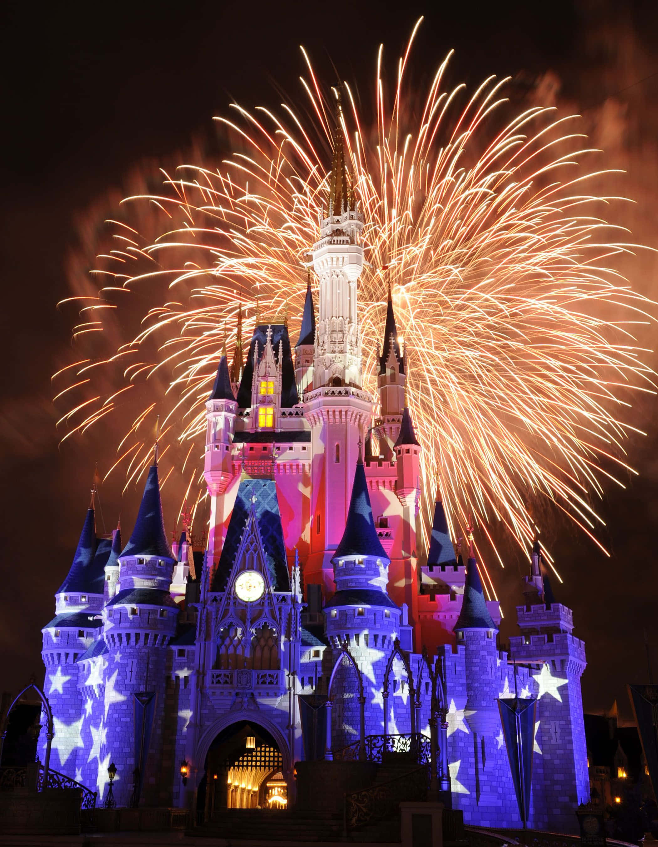 Disney World, blue and pink lights, golden fireworks, 2K Phone Wallpaper