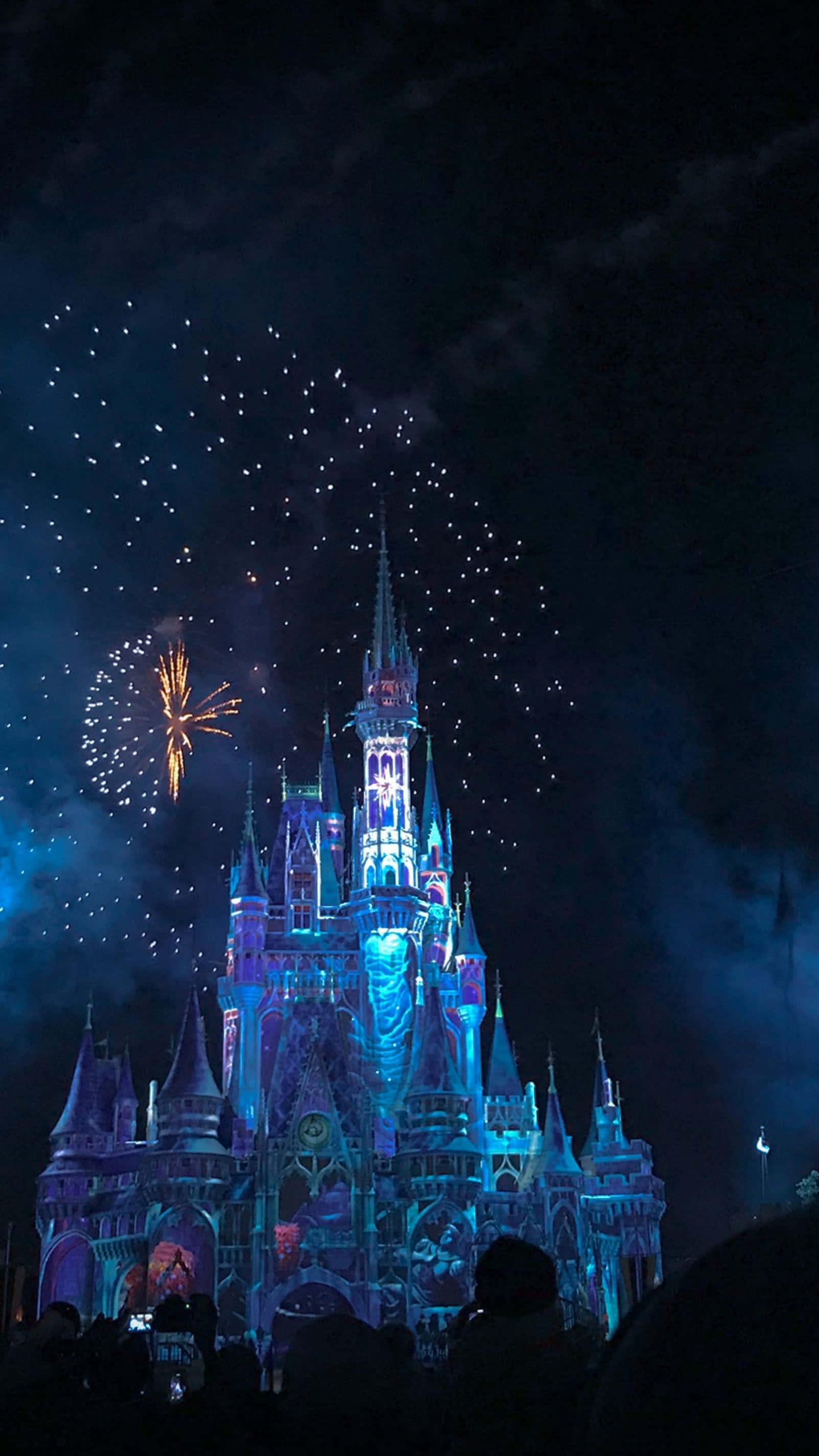 Disney World, castle, blue and purple lights, 2K Phone Wallpaper