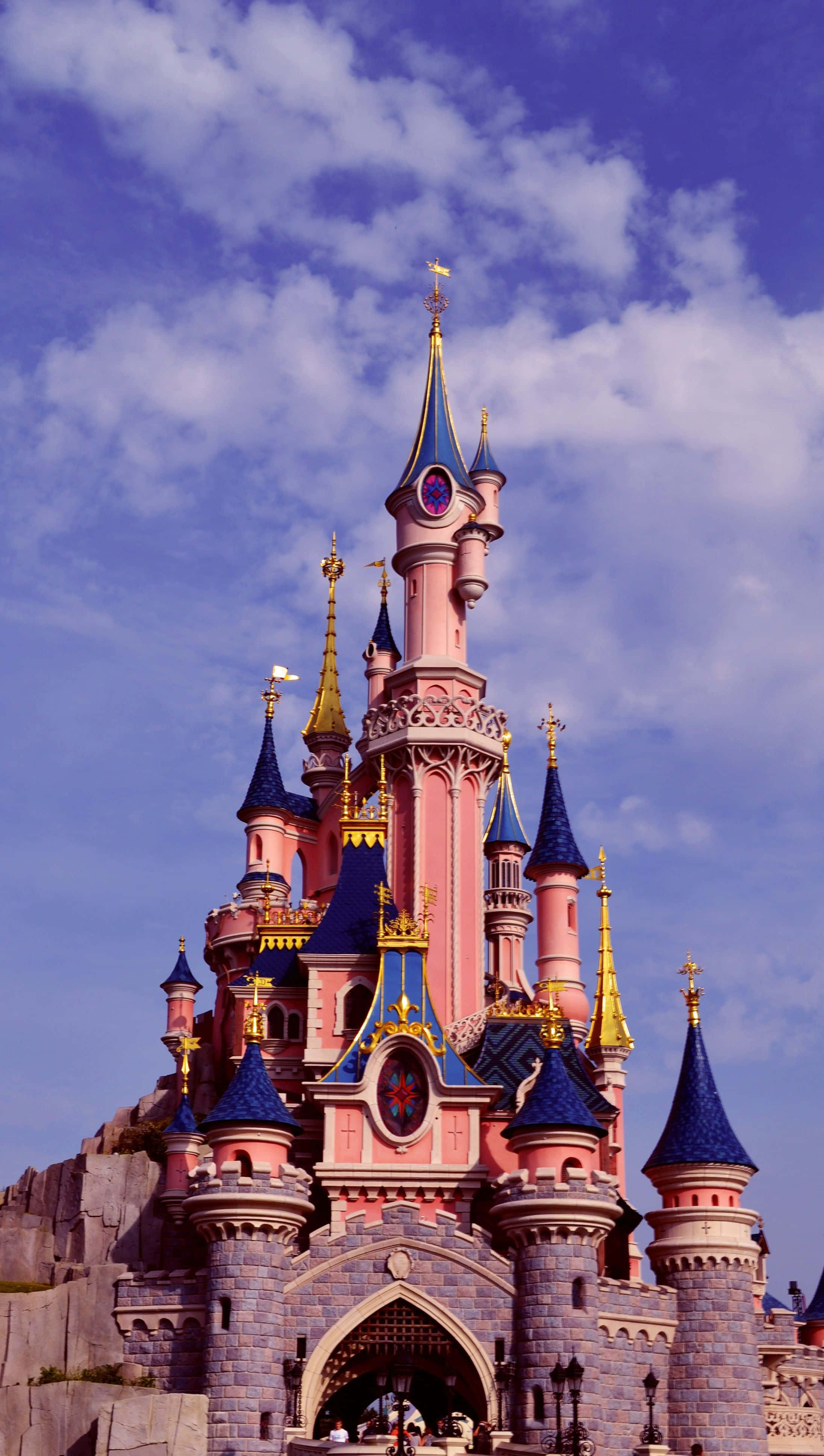 Disney World, pink castle, blue spires, 4K Phone Wallpaper