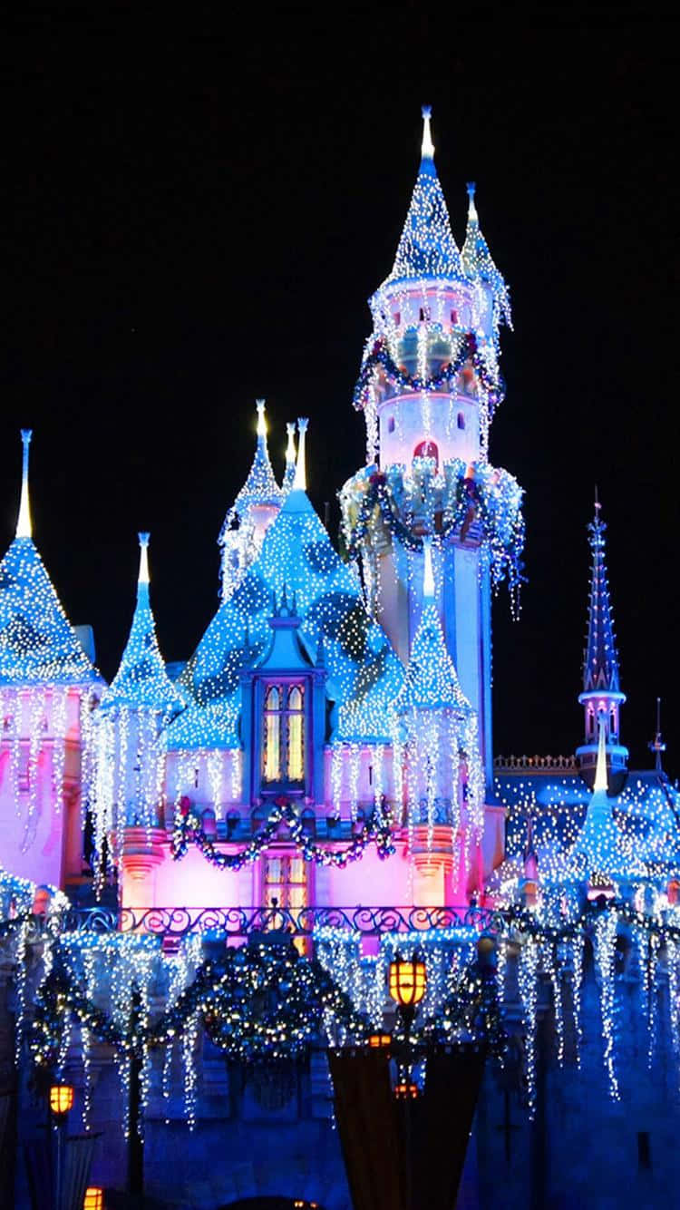 Disney World, castle, blue and pink lights, HD Phone Wallpaper
