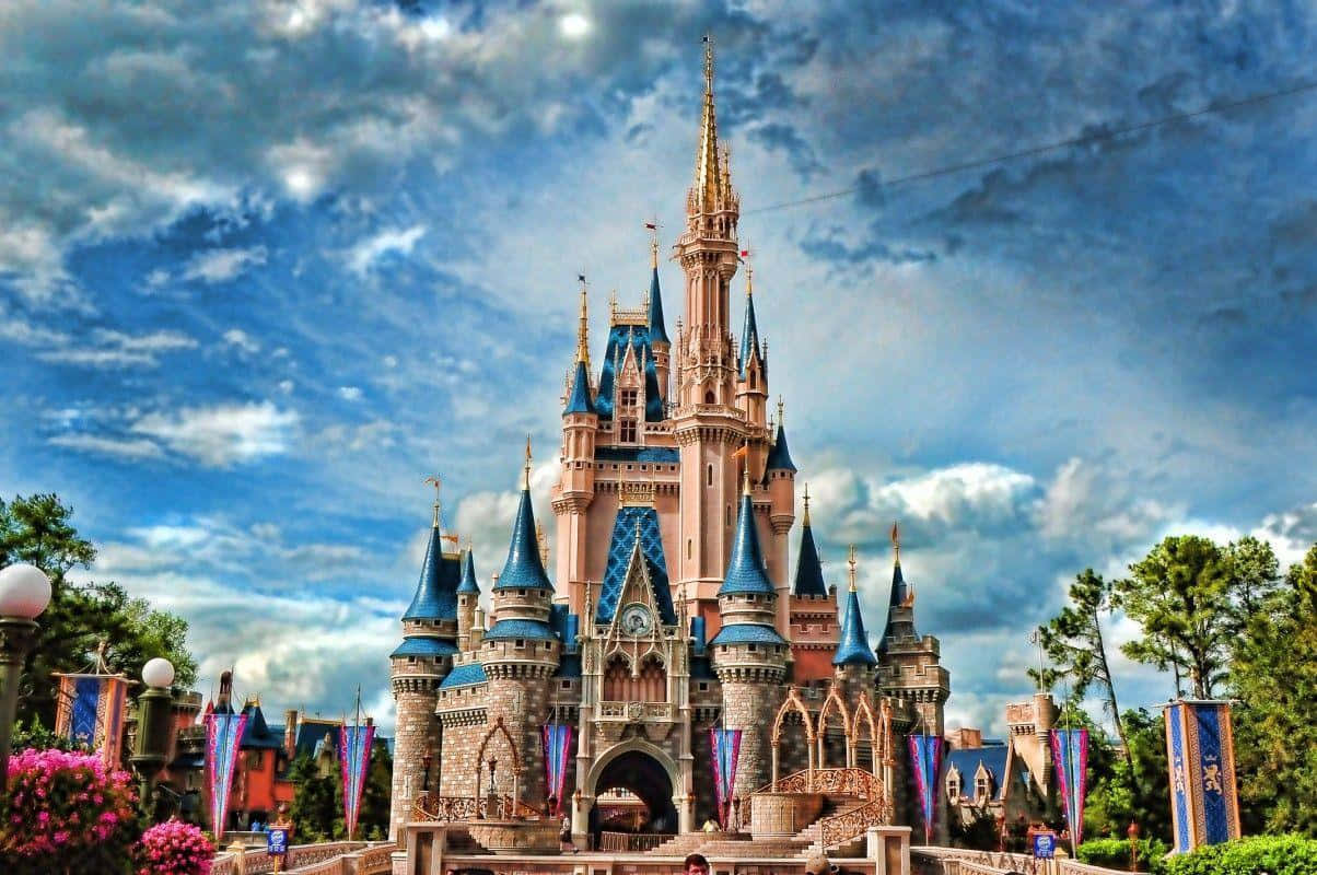 Disney World, pink and blue castle, spires, SD Desktop Wallpaper