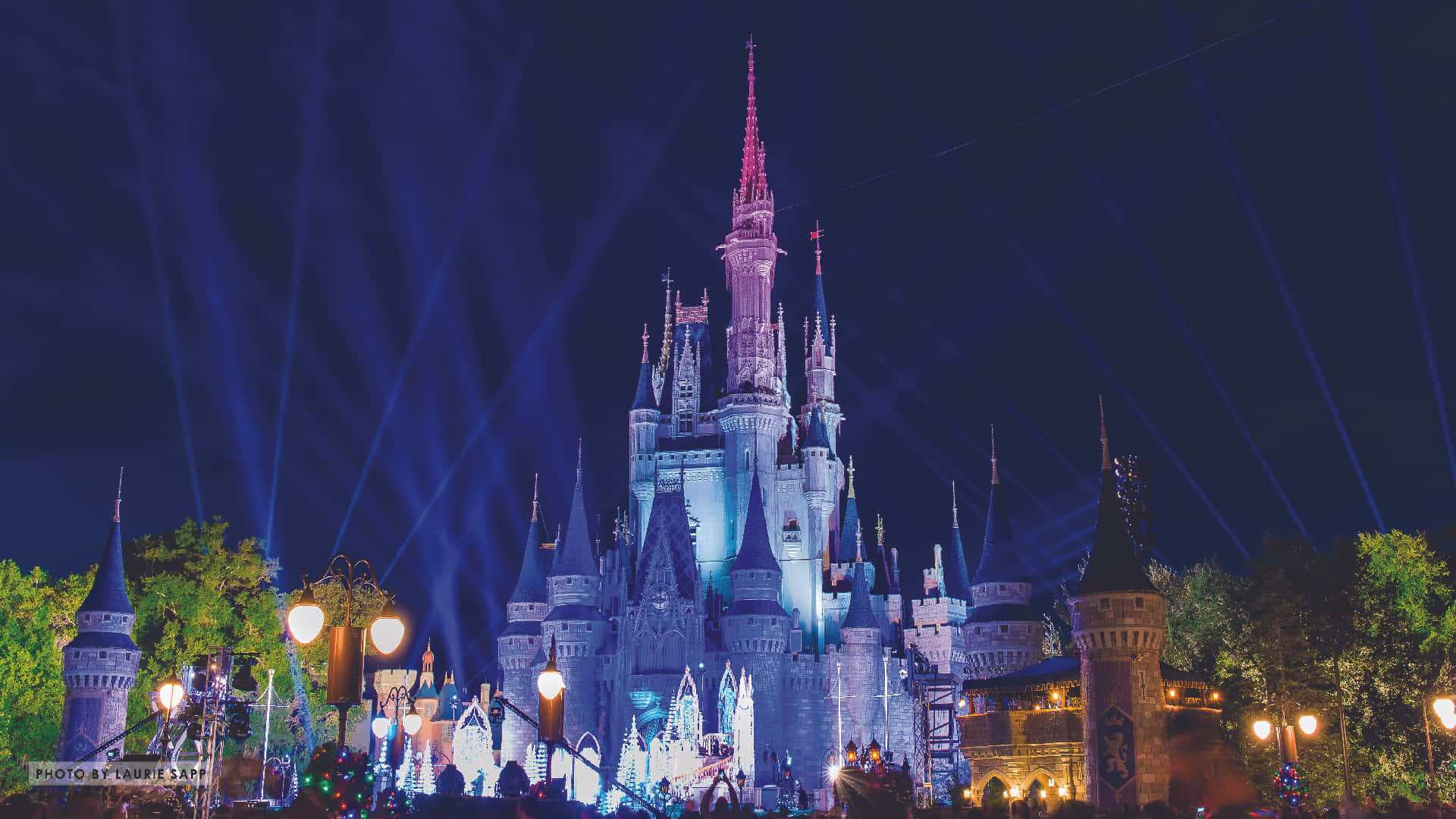 Disney, castle, vibrant blue spotlights, Full HD Desktop Wallpaper
