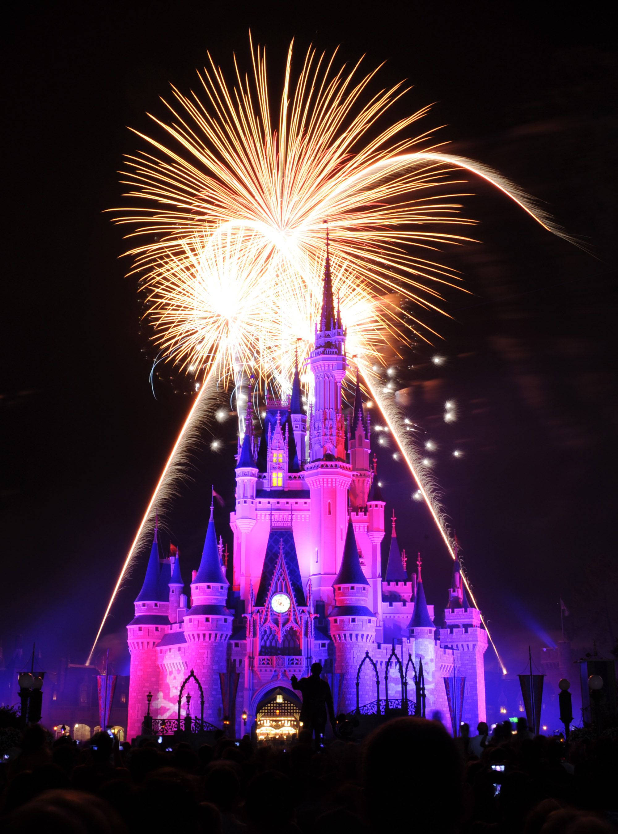 Disneyland Castle, purple lights, golden fireworks, 2K Phone Wallpaper