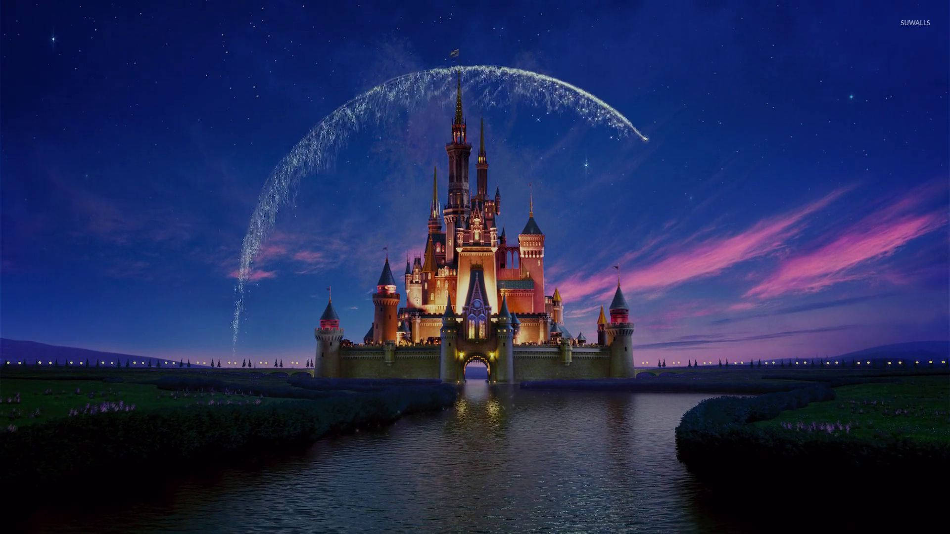 Disneyland Castle, fireworks, turrets, Full HD Desktop Wallpaper