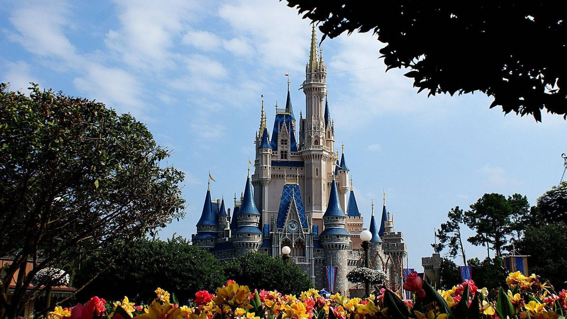 Disneyland Castle, blue spires, vibrant flower beds, Full HD Desktop Wallpaper