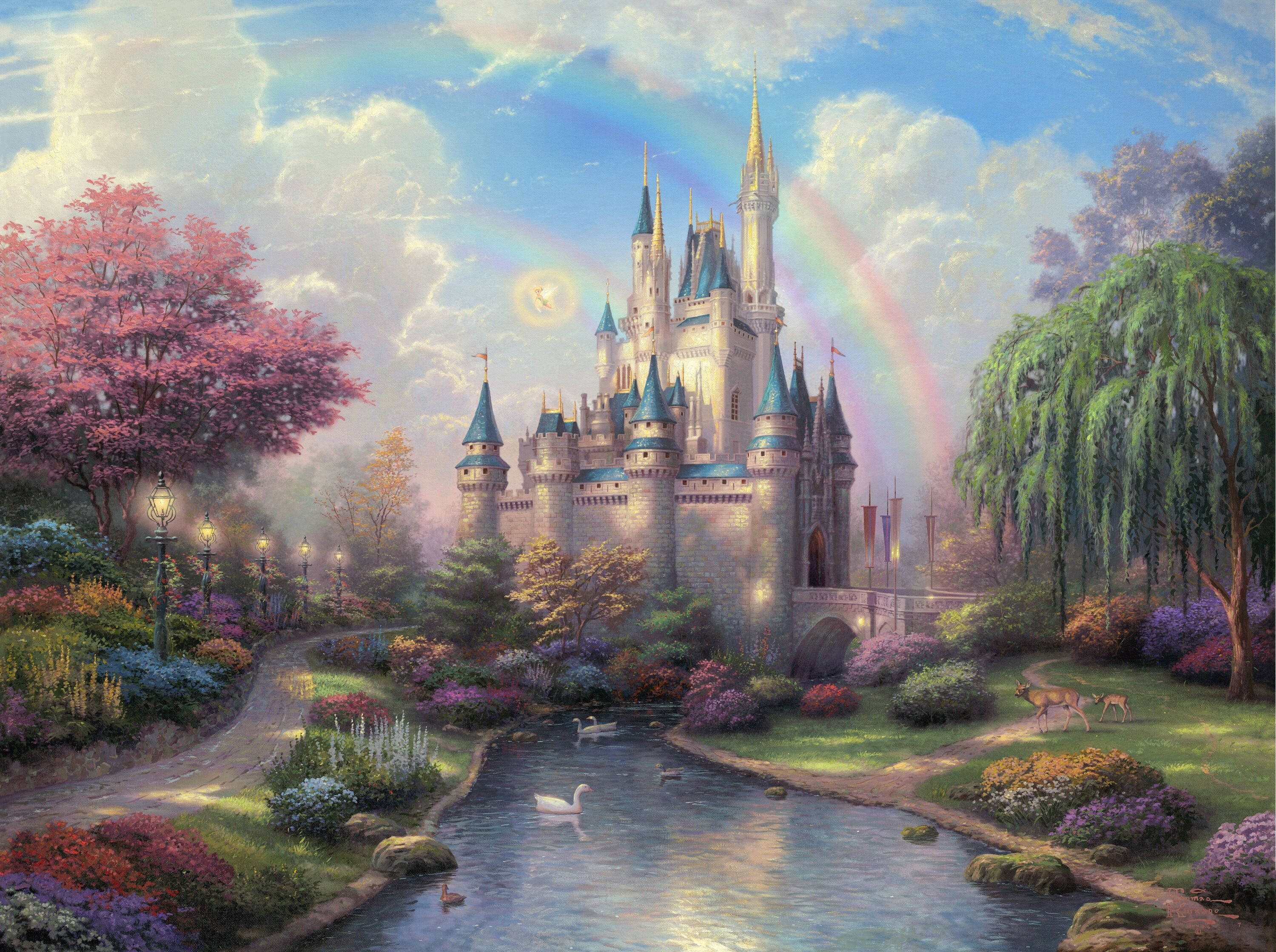 Disneyland Castle, blue spires, vibrant rainbow, 2K Desktop Wallpaper