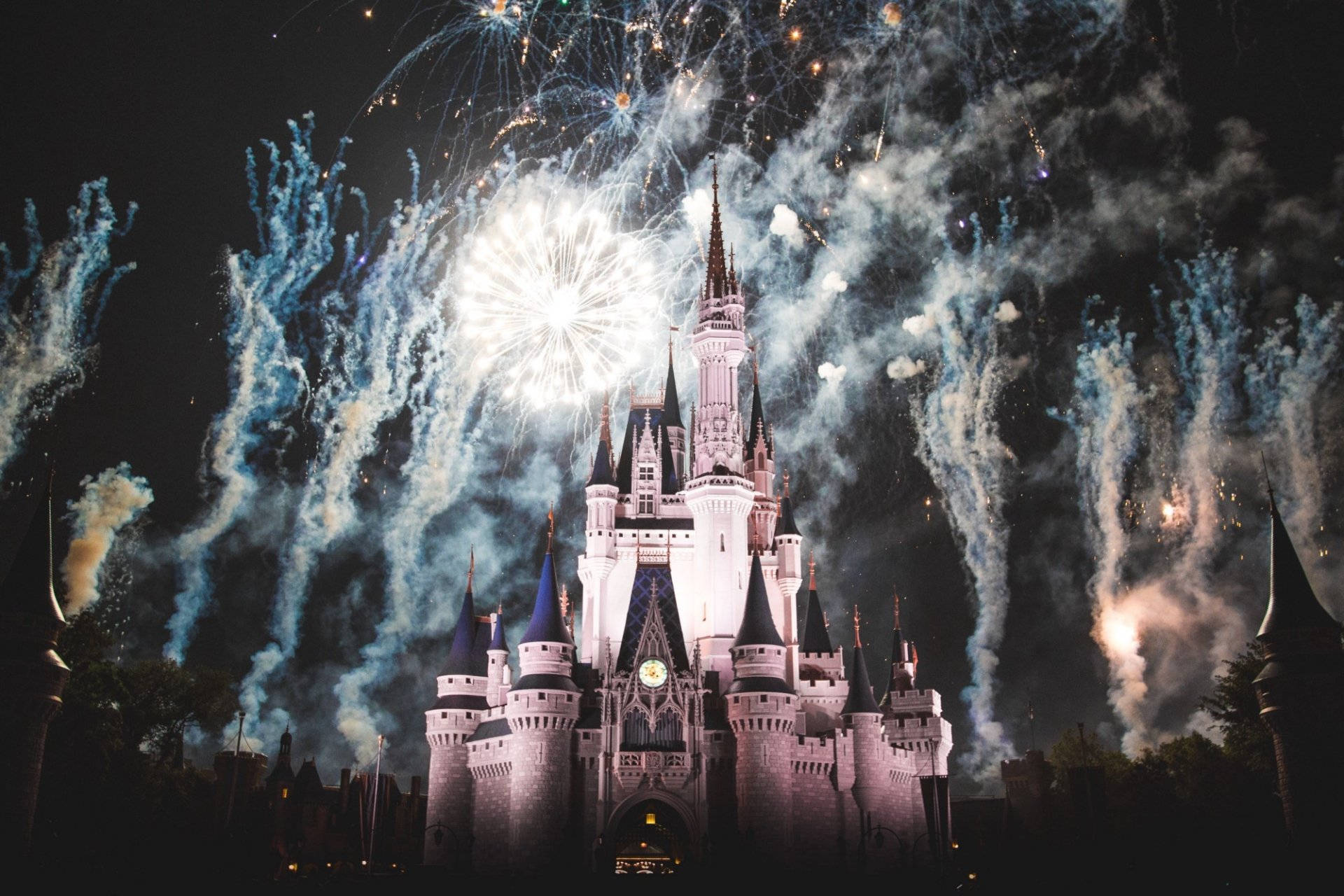 Disneyland Castle, fireworks, night, Full HD Desktop Wallpaper