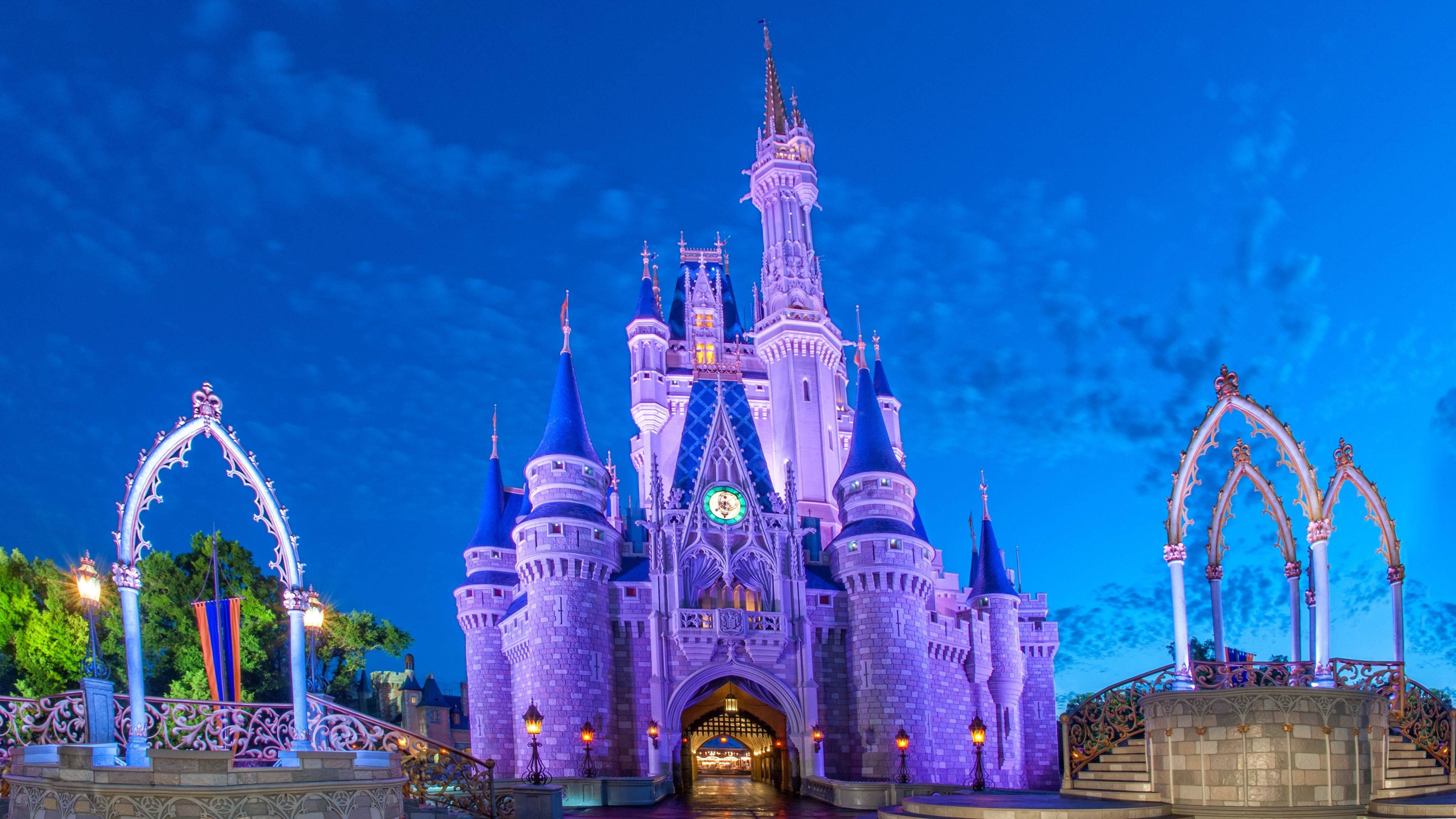 Disneyland Castle, purple, blue, 4K Desktop Wallpaper