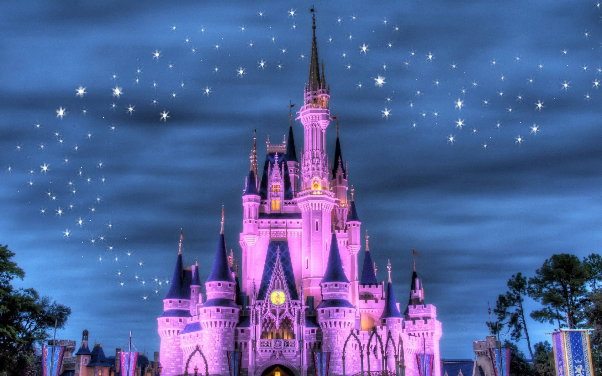 Disneyland Castle, pink light, starry twilight sky, Full HD Desktop Wallpaper