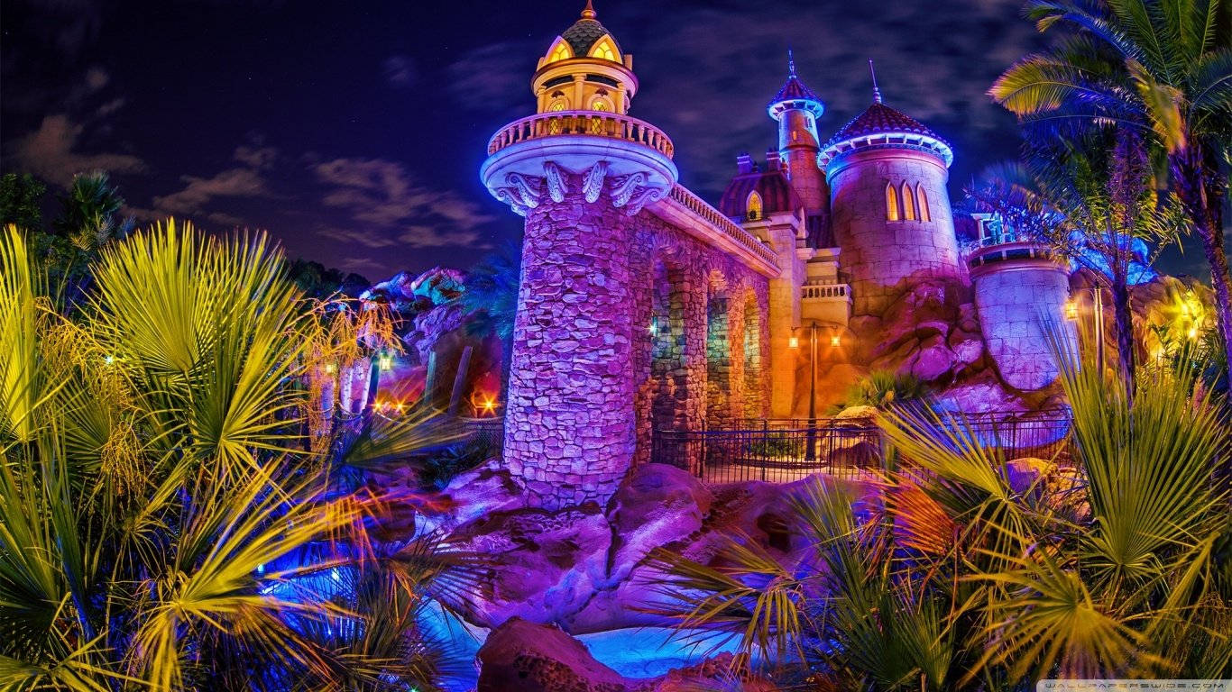 Disneyland Castle, purple, yellow, HD Desktop Wallpaper