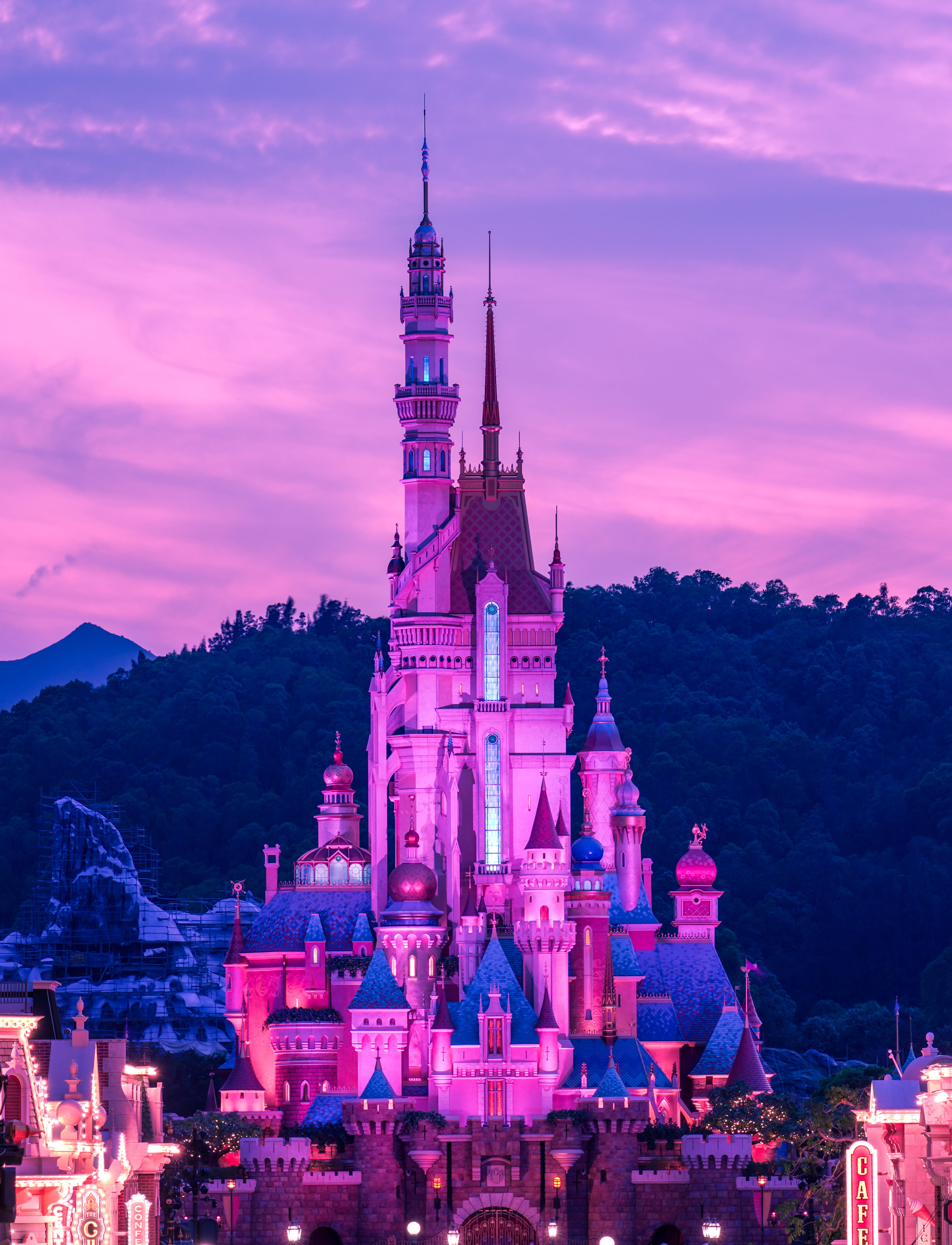 Disneyland, castle, pink and purple lights, 5K Phone Wallpaper