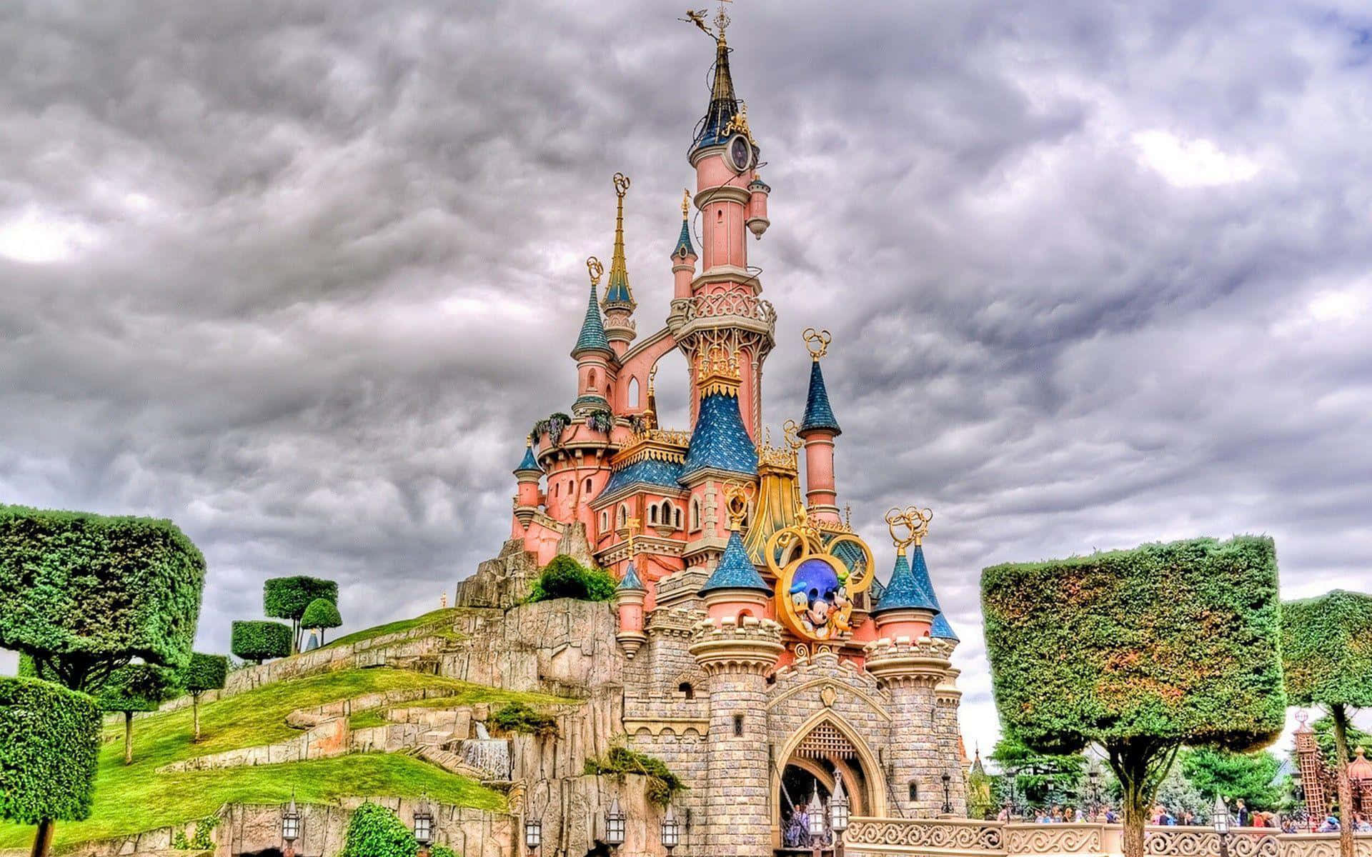 Disneyland Paris, pink castle, blue roofs, Full HD Desktop Wallpaper