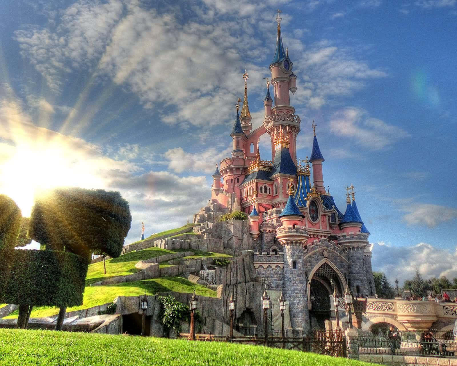 Disneyland Paris, pink and blue castle, spires, HD Desktop Wallpaper