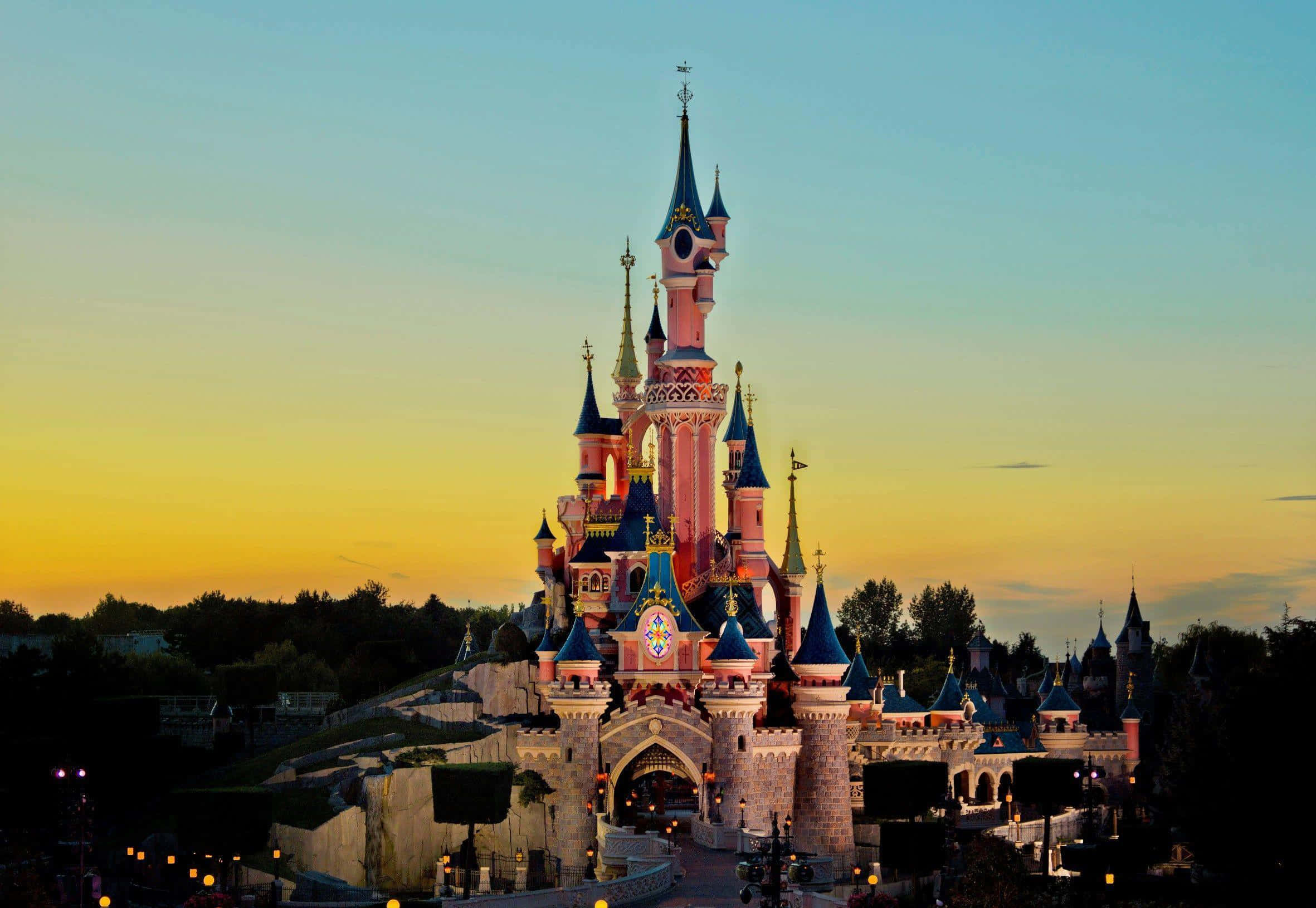 Disneyland Paris, pink castle, blue spires, Full HD Desktop Wallpaper