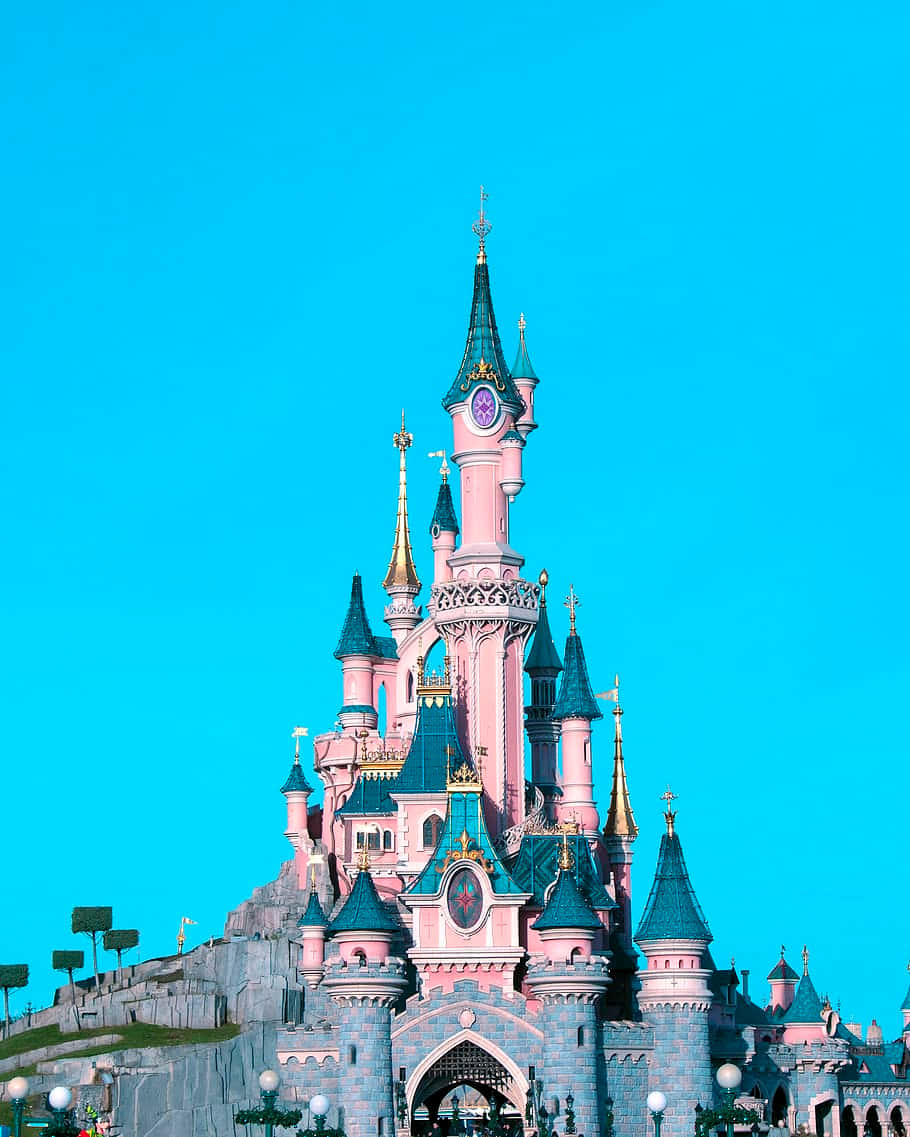 Disneyland Paris, pink castle, teal roofs, SD Phone Wallpaper