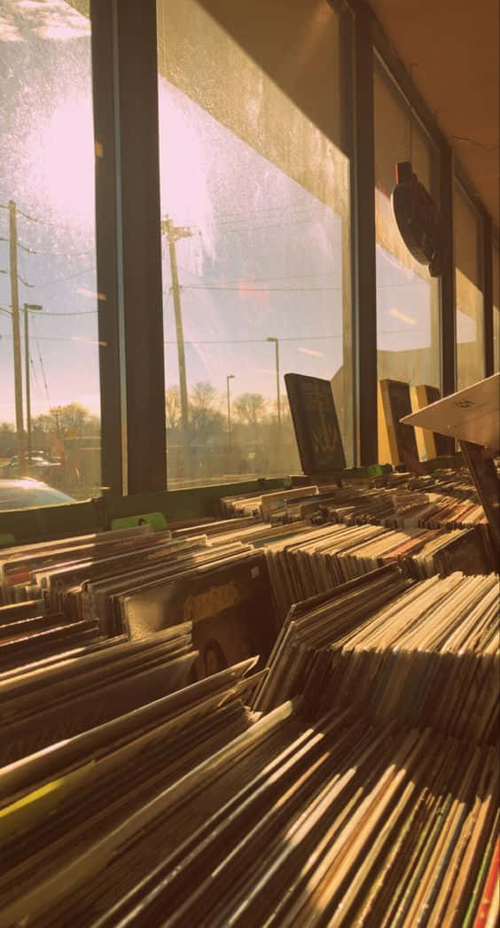 vinyl record, window display, golden sunlight, SD Phone Wallpaper