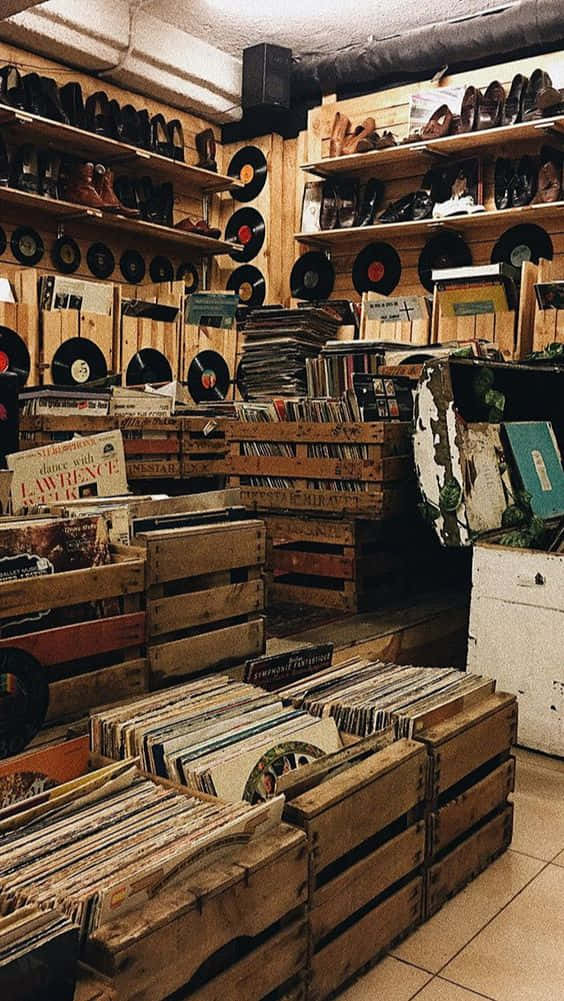 vinyl record, vintage record shop, wooden crates, SD Phone Wallpaper