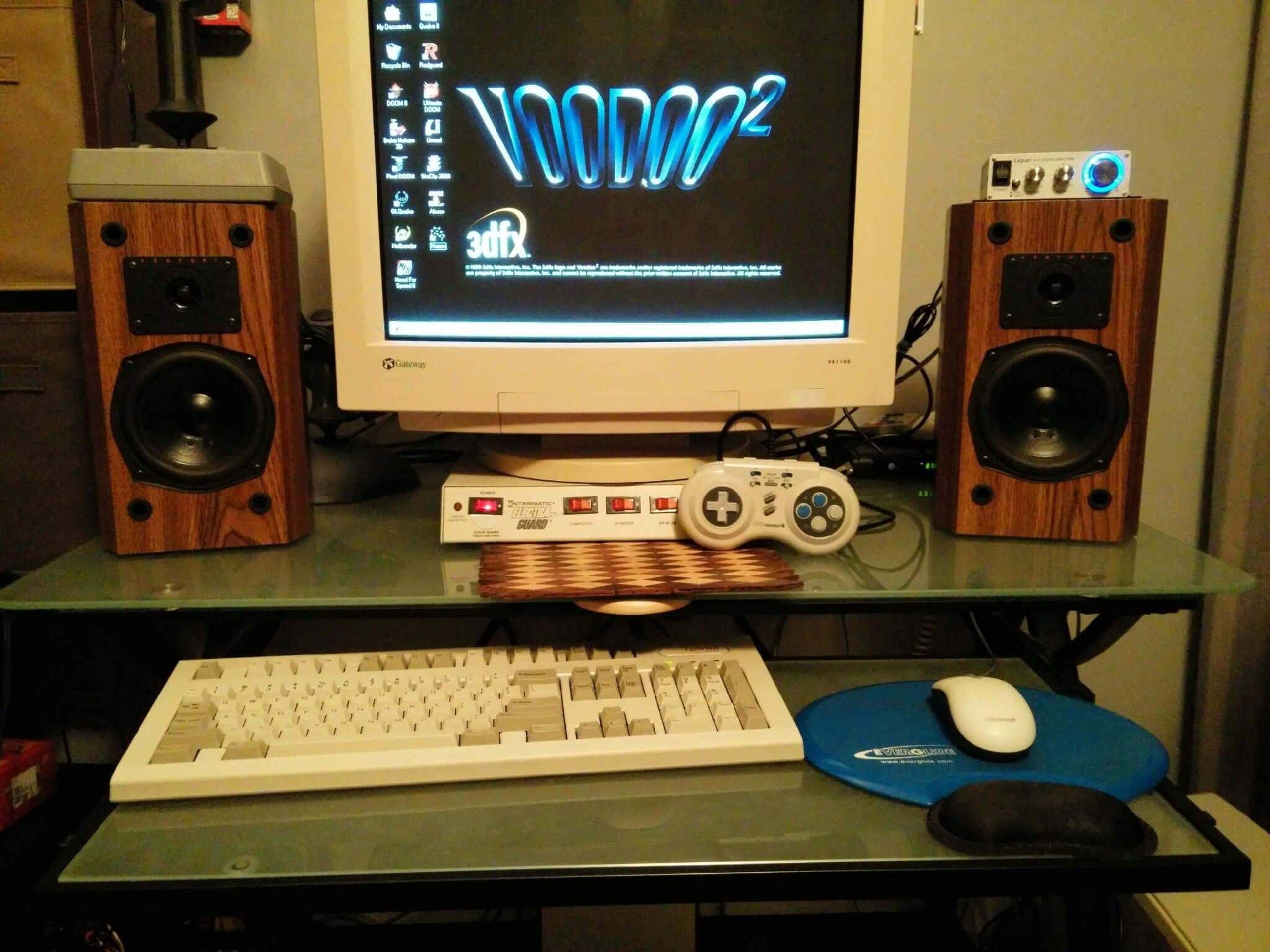 90s computer, CRT monitor, blue neon Voodoo2 logo, Full HD Desktop Wallpaper