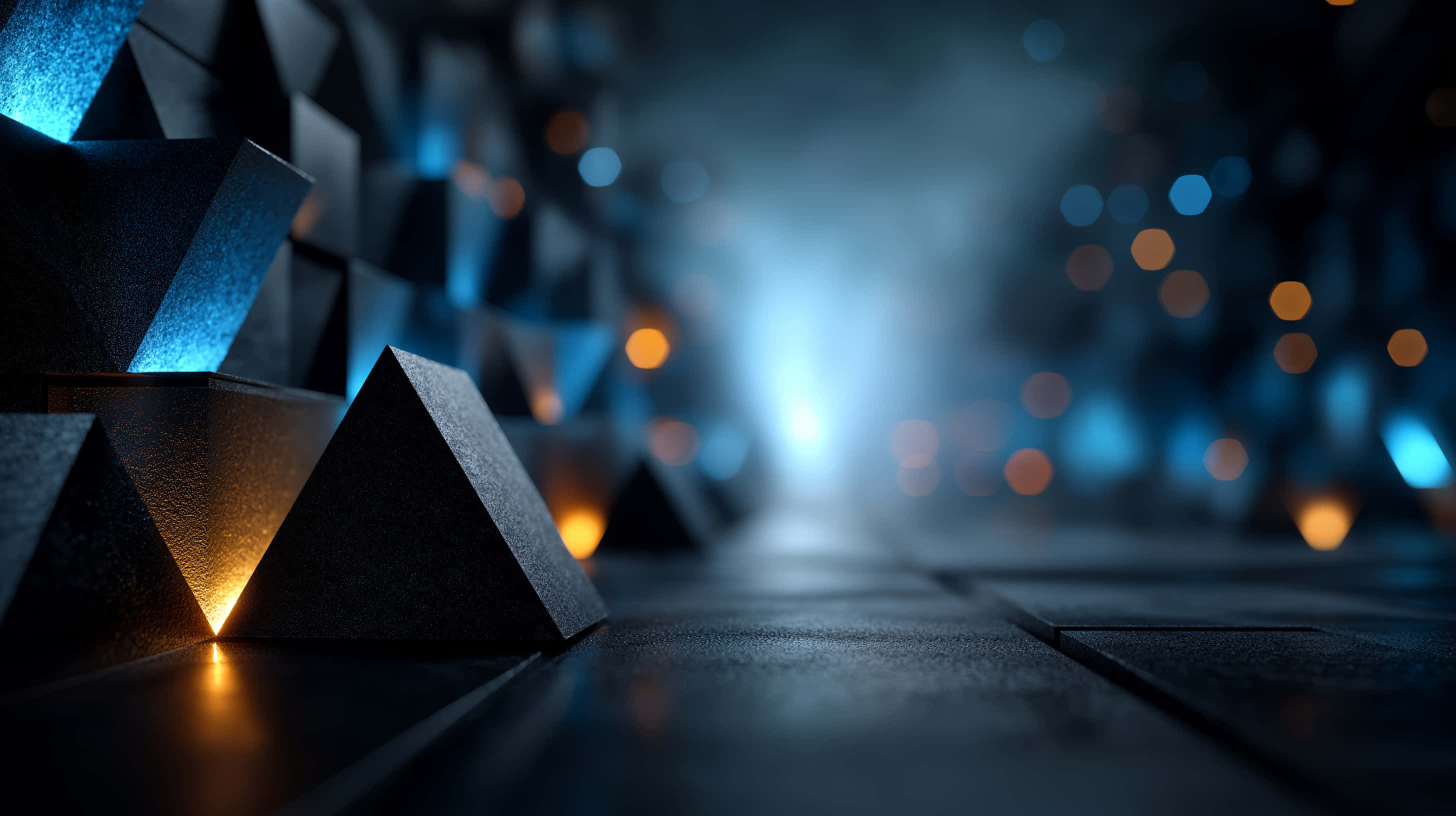 geometric black triangular prisms, blue and orange lights, dark futuristic corridor, 2K Desktop Wallpaper