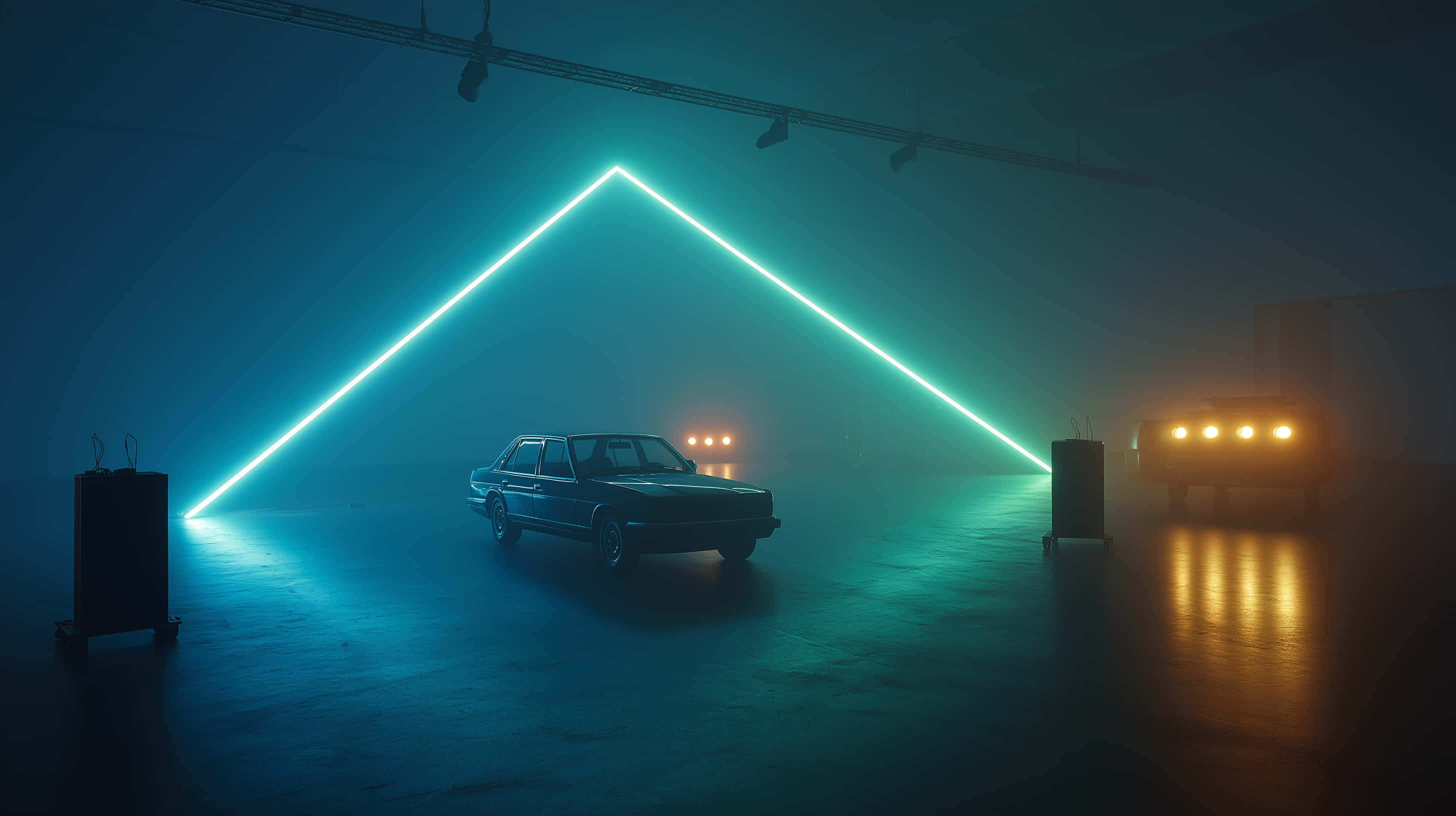 retro car, neon geometric light installation, glowing cyan triangular light beam, 2K Desktop Wallpaper