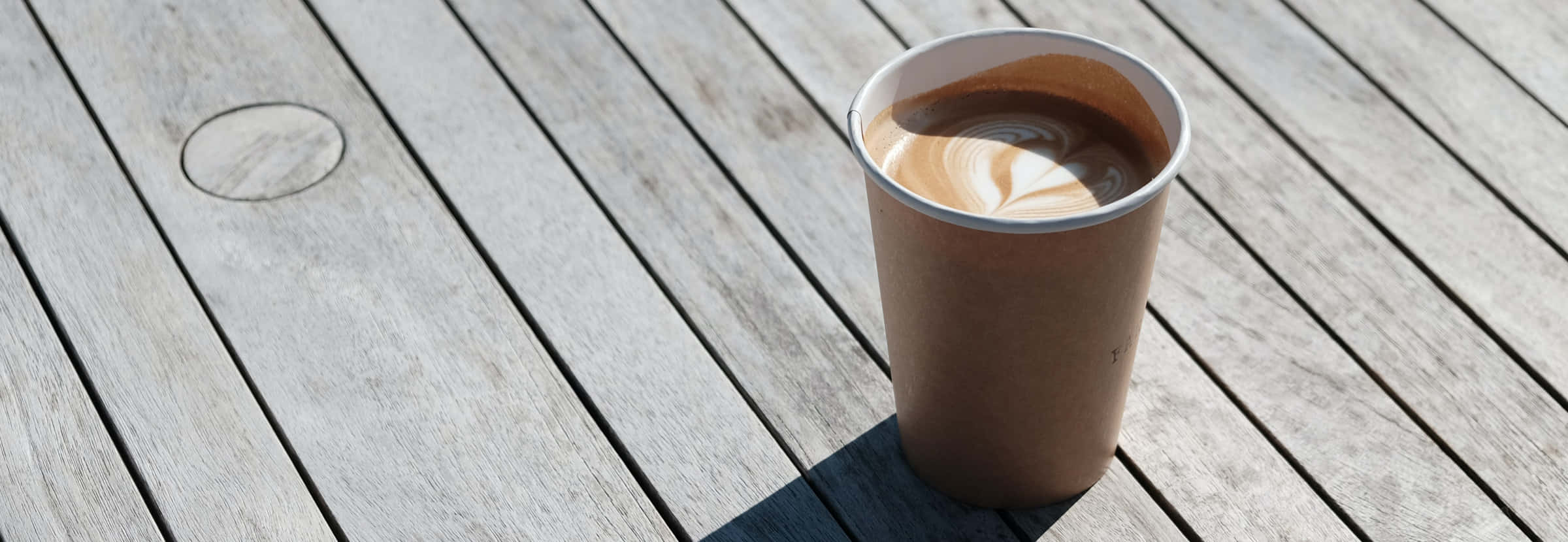 brown paper cup, latte art coffee, weathered wooden planks, Full HD Desktop Wallpaper