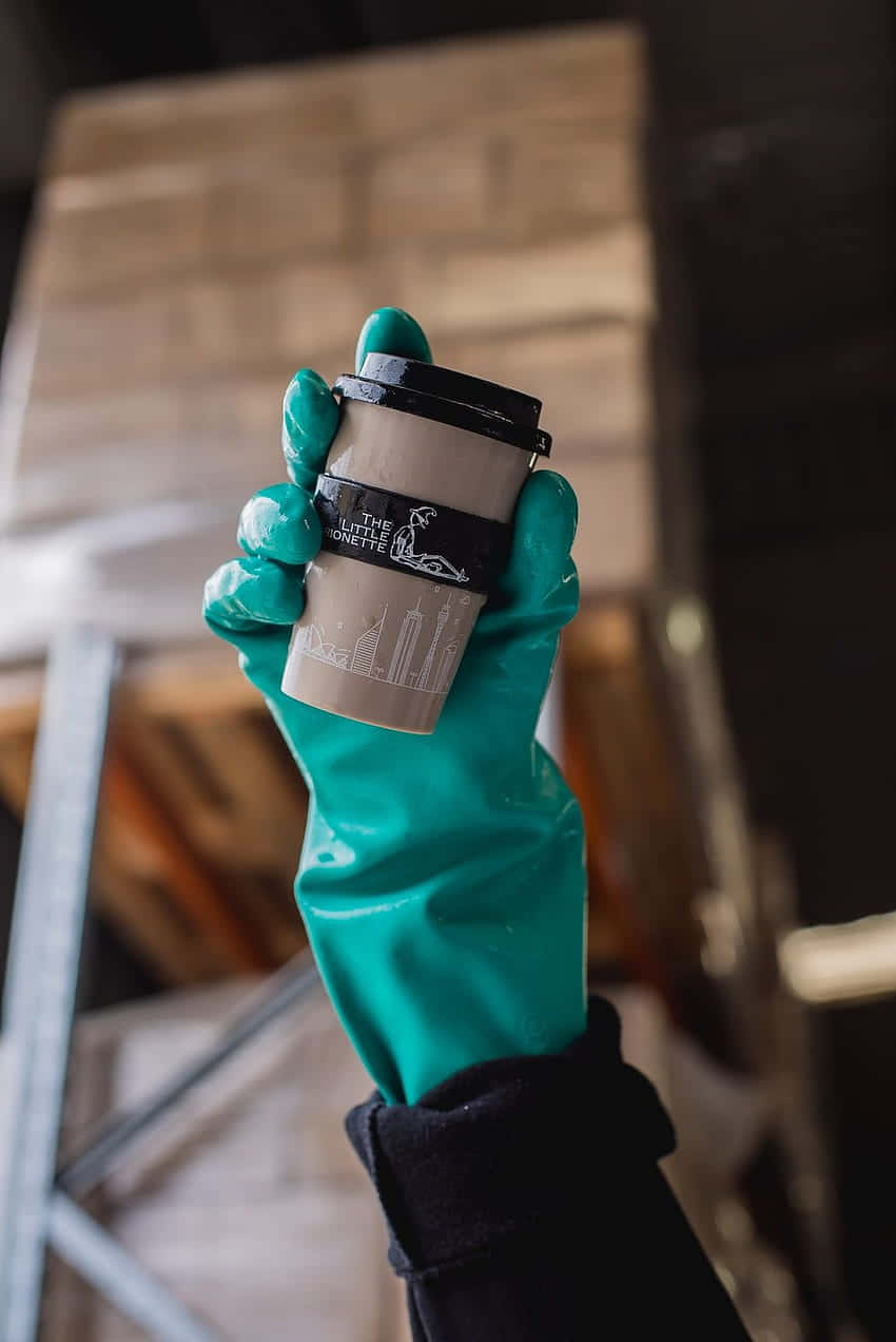 teal rubber gloves, disposable cup, coffee cup, SD Phone Wallpaper