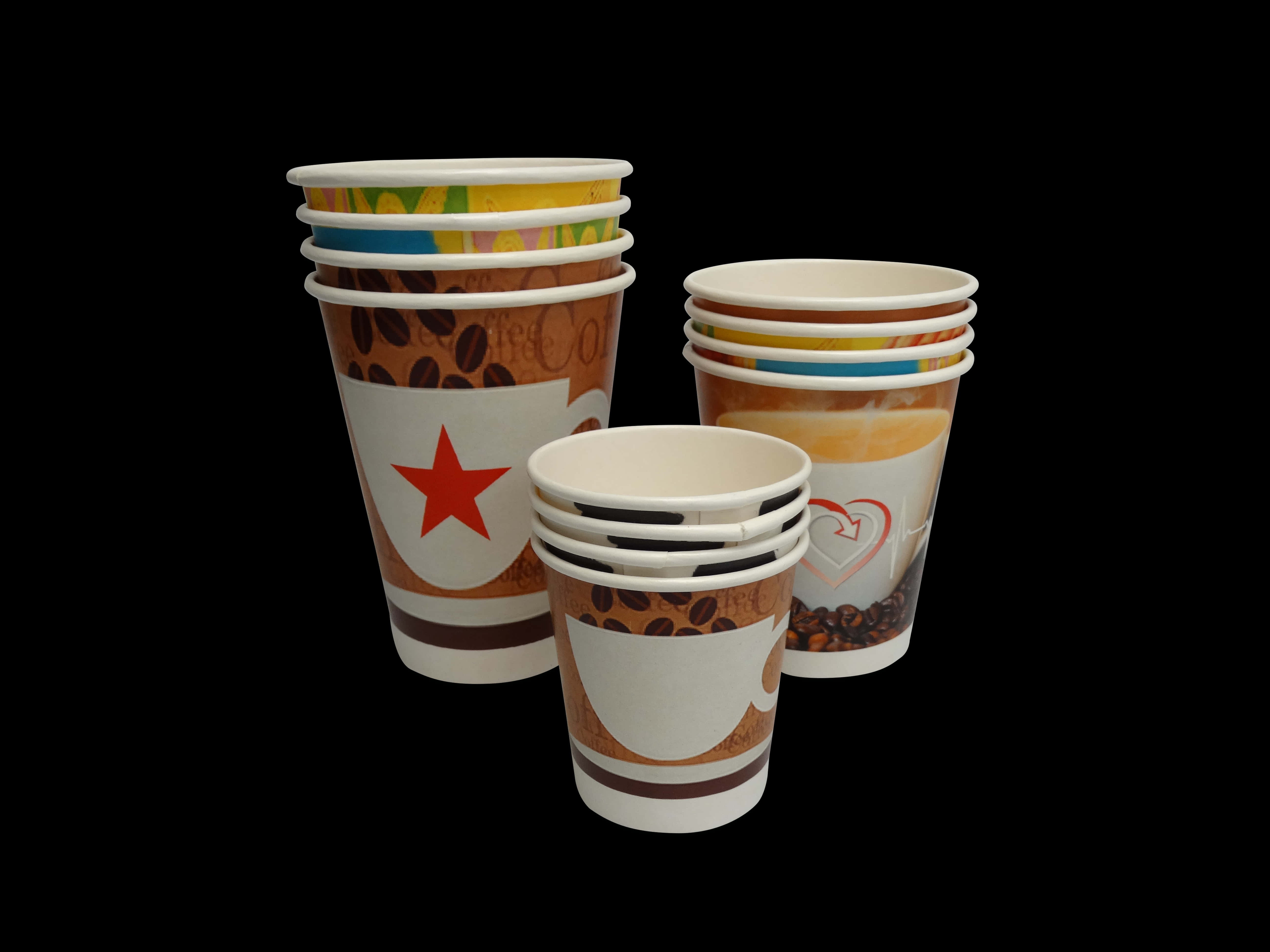stacked aesthetic disposable cups, colorful disposable coffee cups, coffee bean design, 5K Desktop Wallpaper