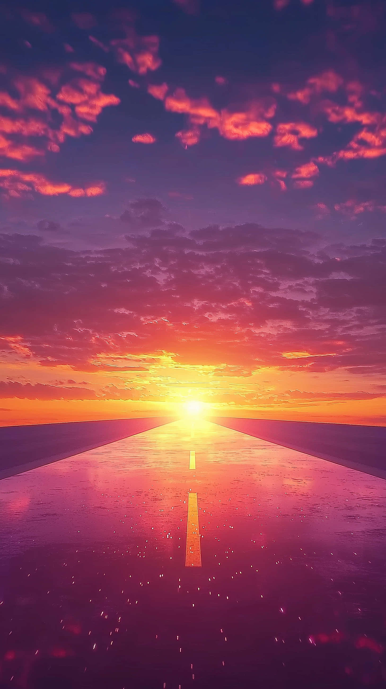 glowing sunset, wet asphalt road, fiery orange sun, 2K Phone Wallpaper