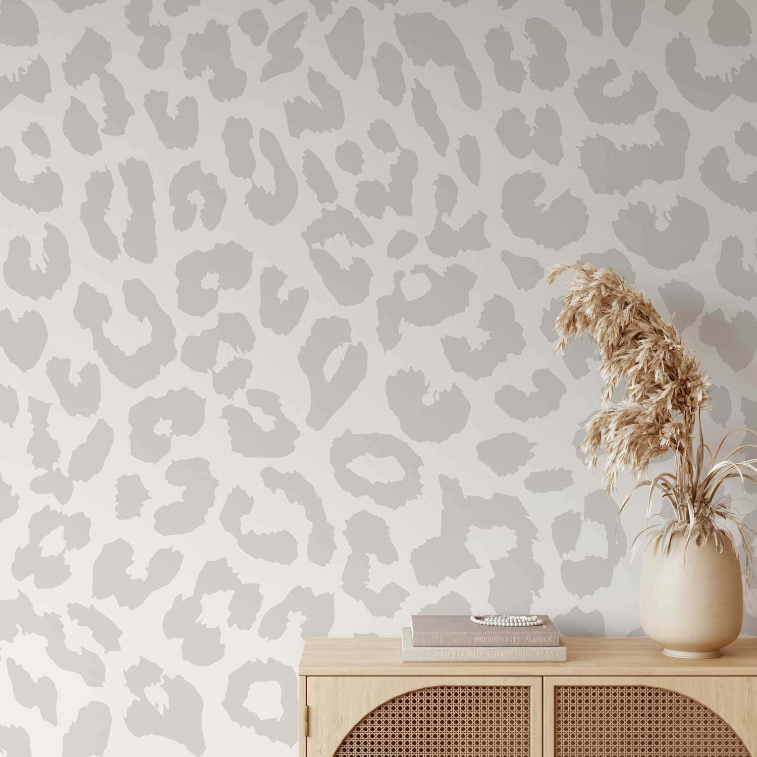 Impartial Gray Design, muted gray leopard print wallpaper, wooden cabinet, HD Desktop Wallpaper