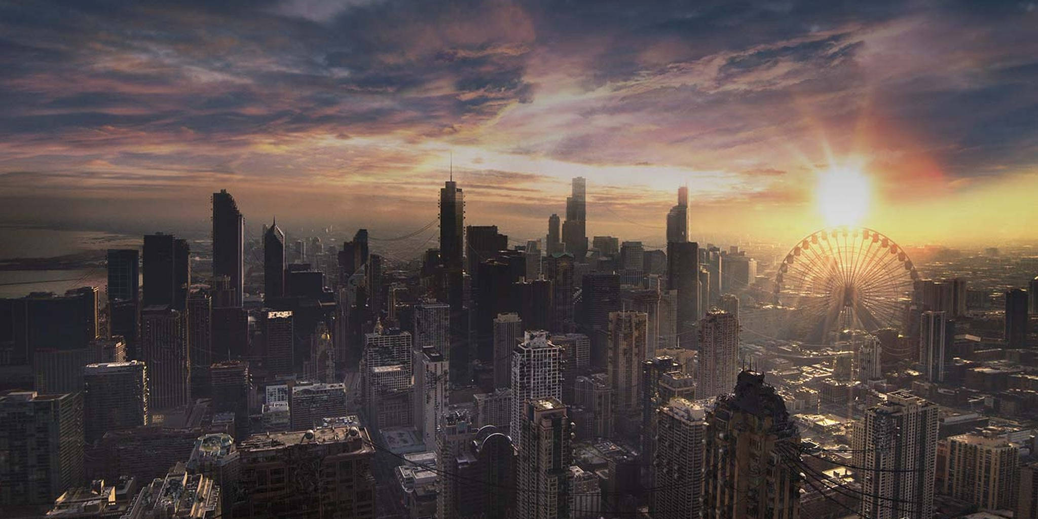 Divergent, dystopian Chicago, sunset, Full HD Desktop Wallpaper