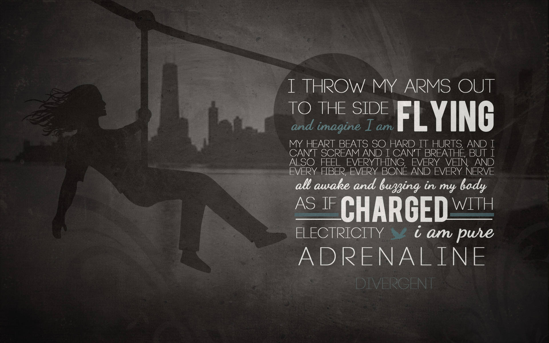 Divergent, silhouetted figure, gritty city skyline, Full HD Desktop Wallpaper