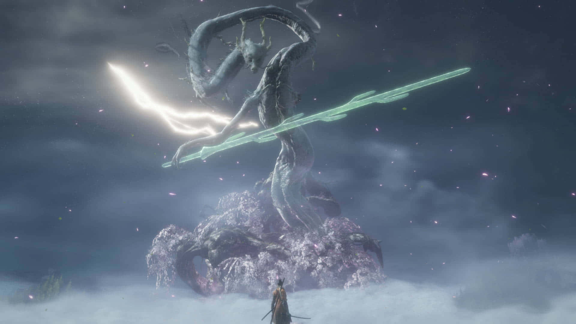 Divine Sunrise Above the Clouds, colossal dragon-like creature, glowing green blades, Full HD Desktop Wallpaper