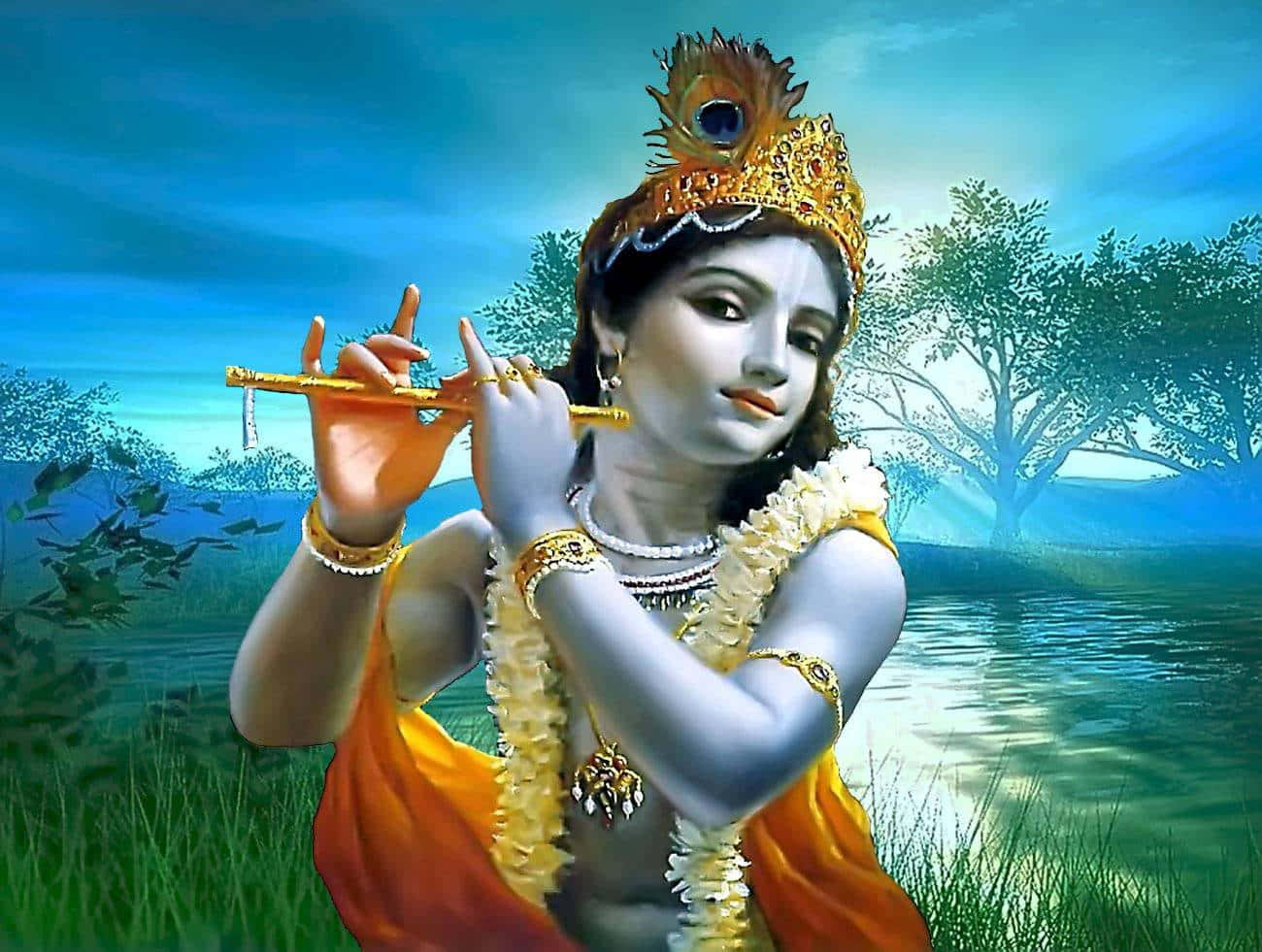 Divine, blue skin, golden flute, HD Desktop Wallpaper