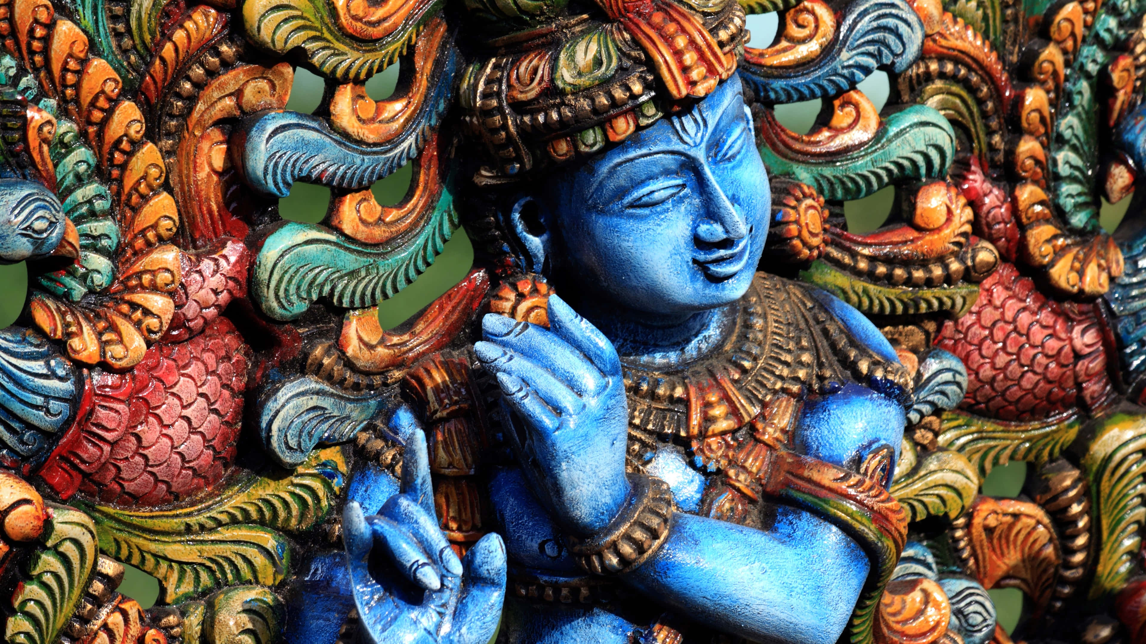 divine forest, vibrant blue deity statue, golden ornate carvings, 4K Desktop Wallpaper