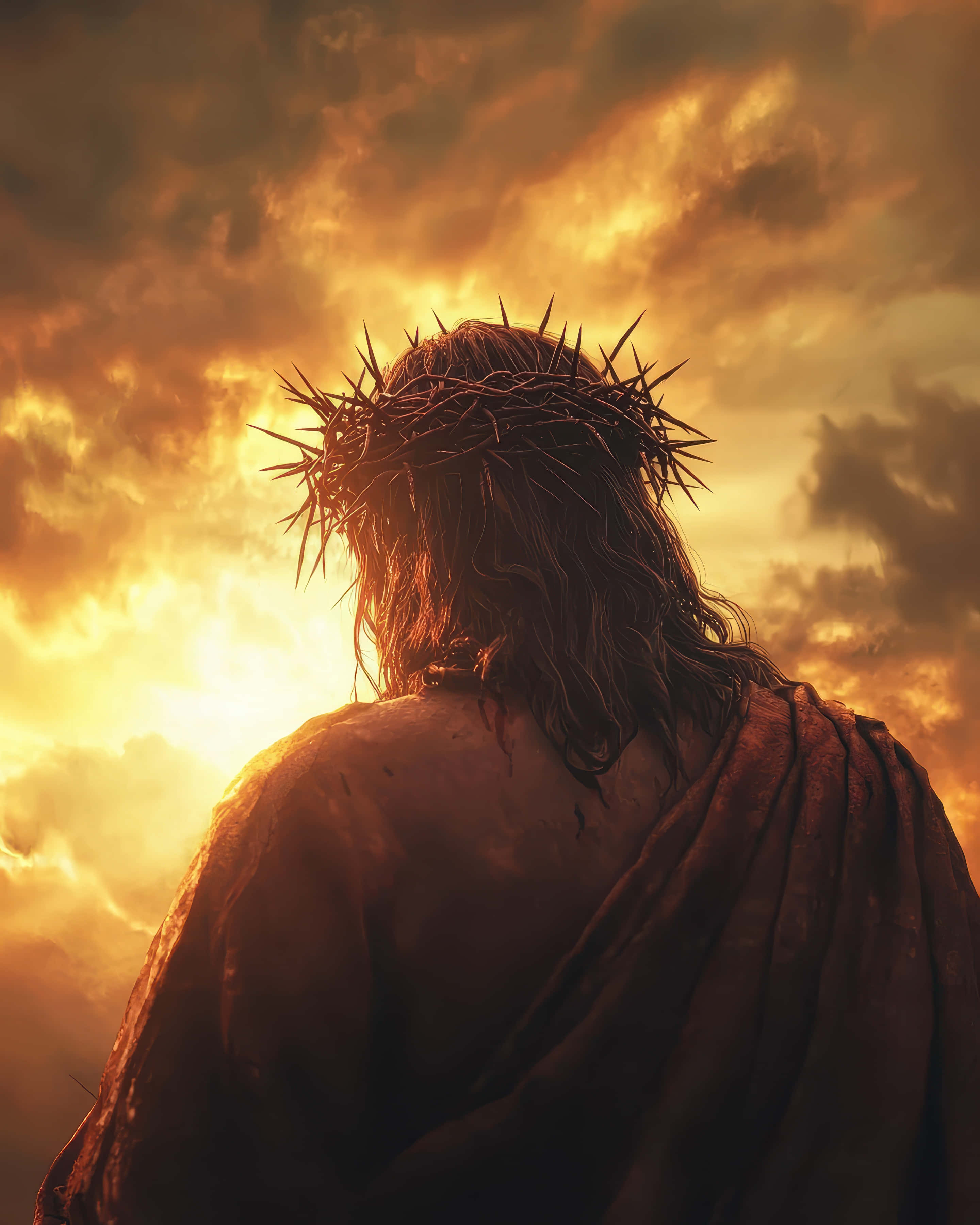 crown of thorns, silhouette, fiery golden sunset sky, 2K Phone Wallpaper