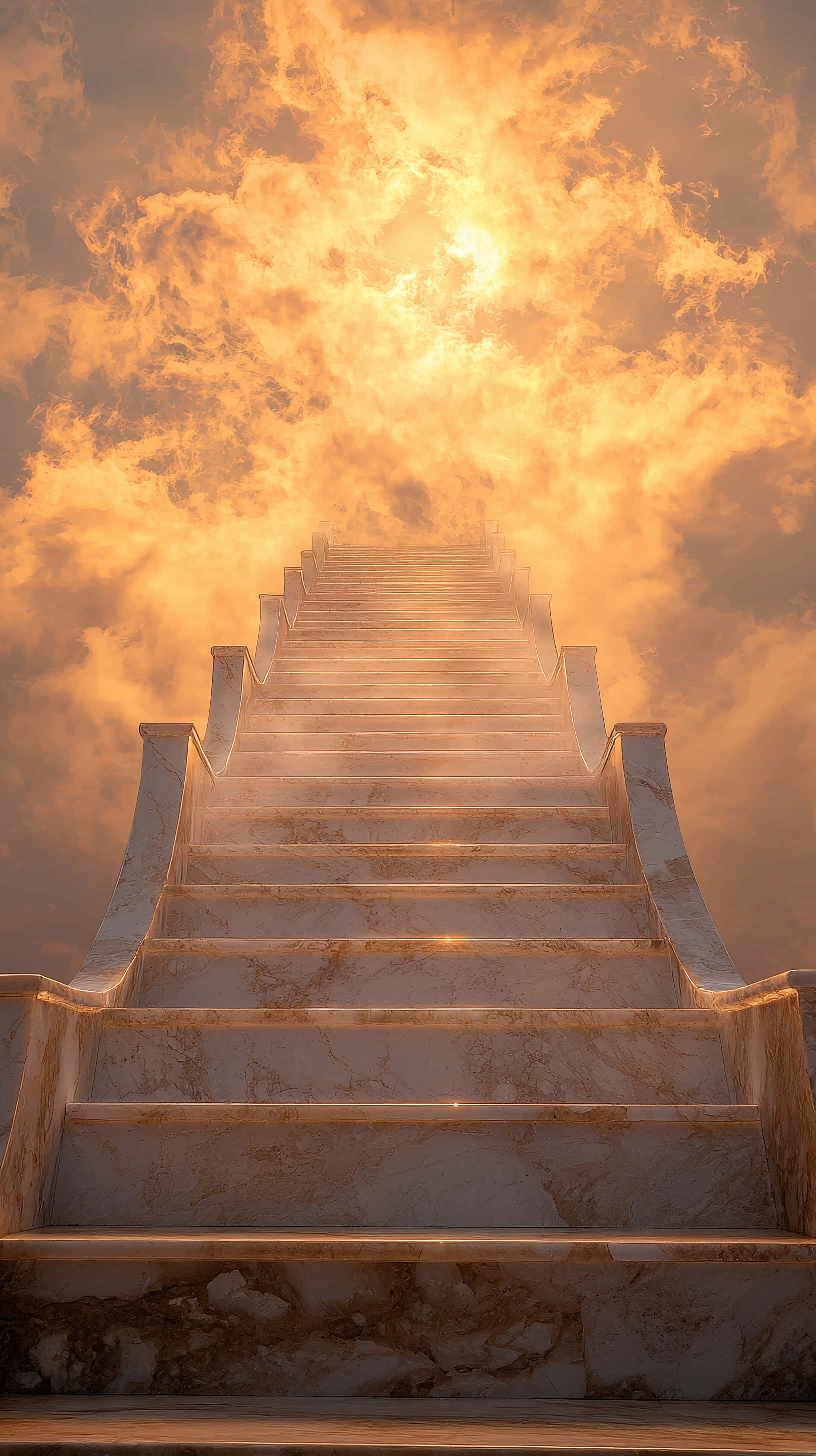 marble staircase, golden glowing clouds, celestial light, 2K Phone Wallpaper