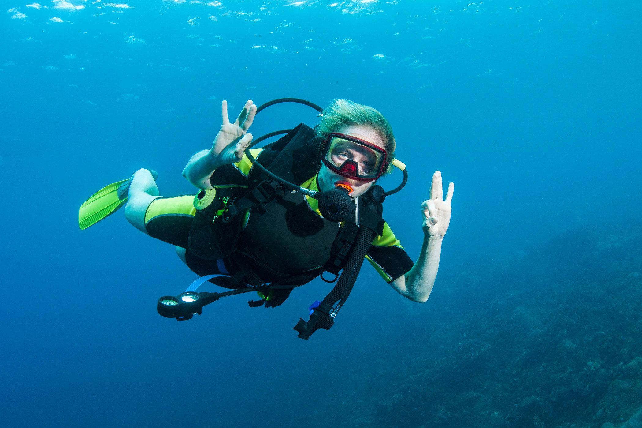 scuba diving, ok hand sign, green hair, Full HD Desktop Wallpaper