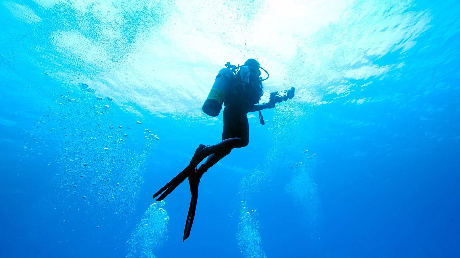 scuba diver, sunlit ocean surface, bubbles, Full HD Desktop Wallpaper