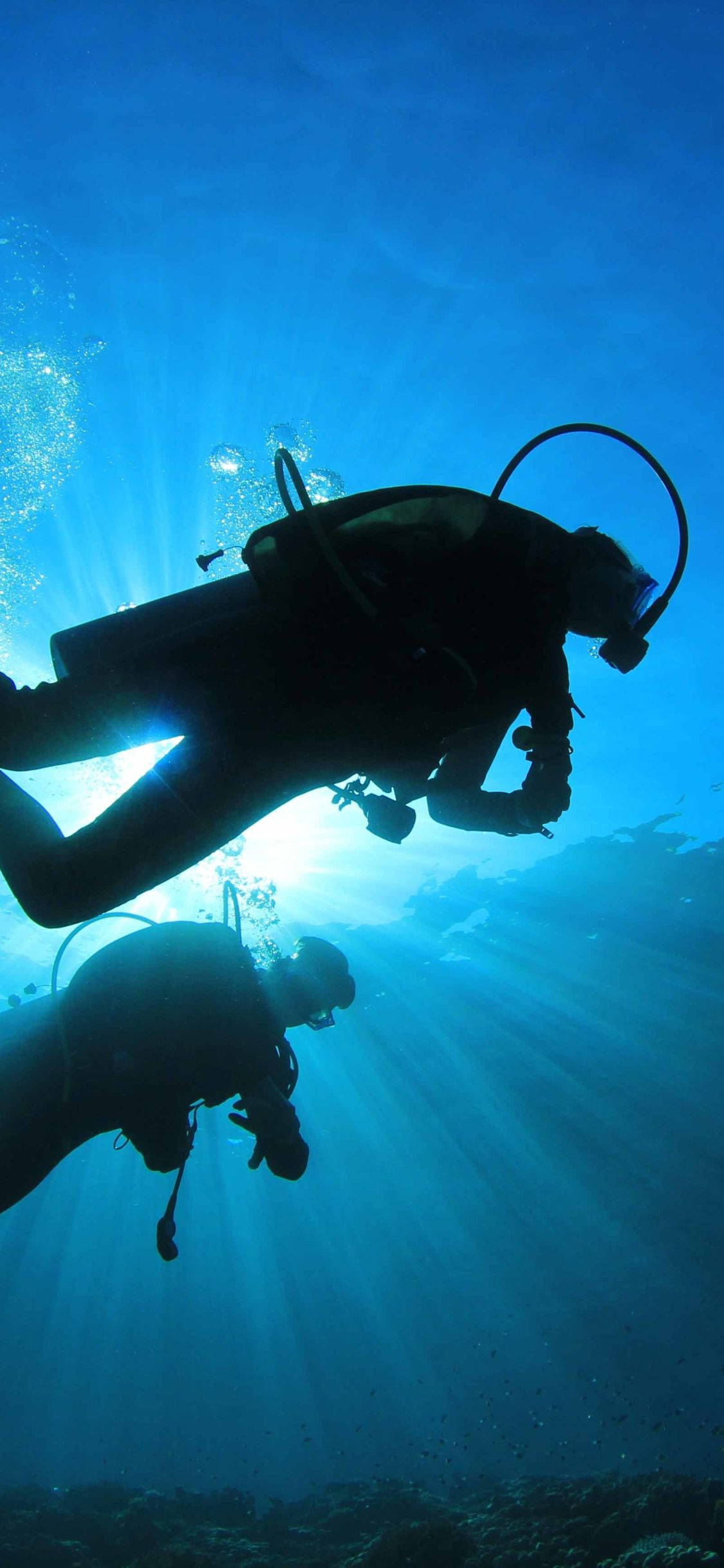 scuba divers, sunbeams, deep blue ocean water, Full HD Phone Wallpaper