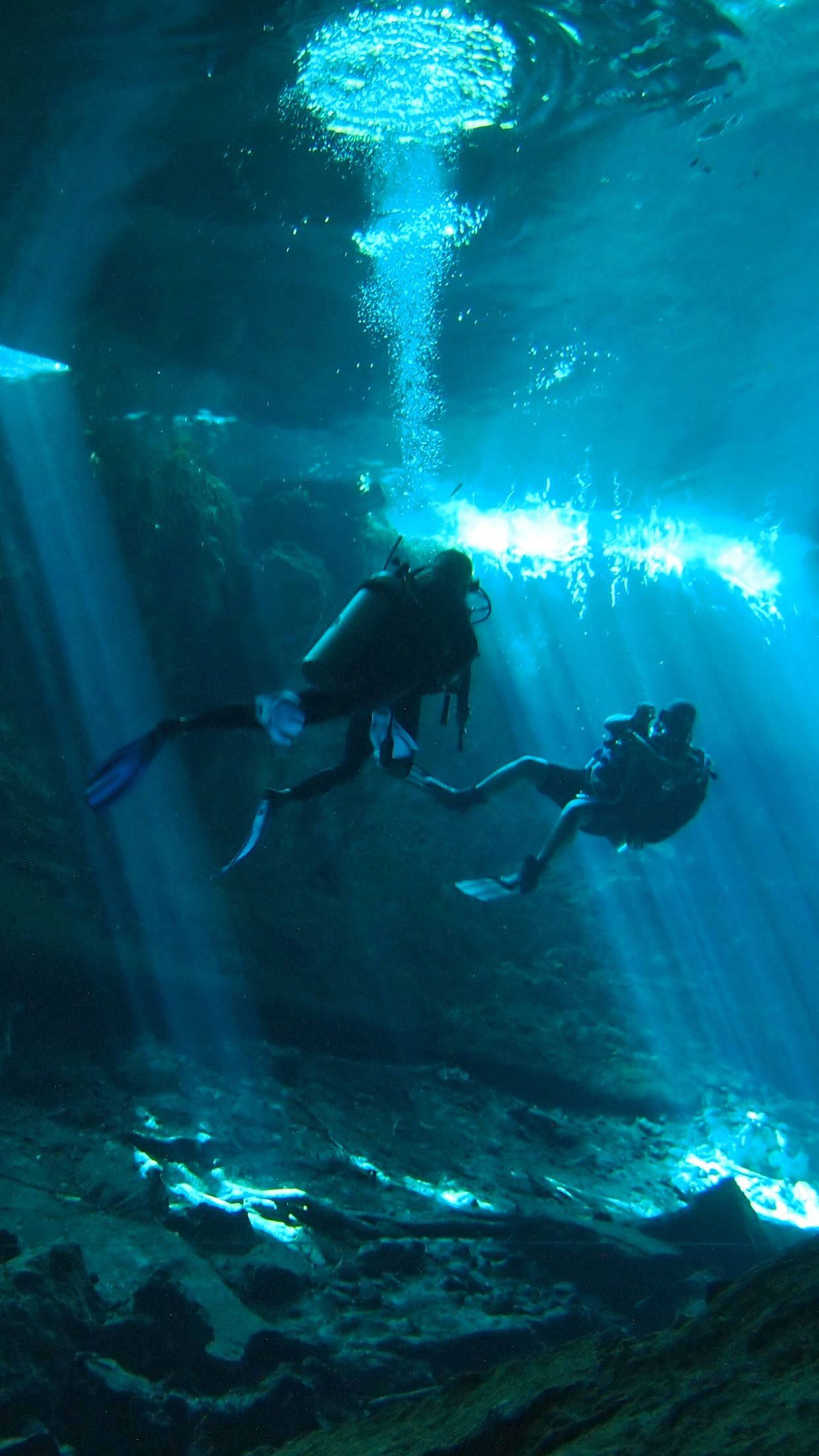 scuba diving, underwater cave, sunlit, Full HD Phone Wallpaper