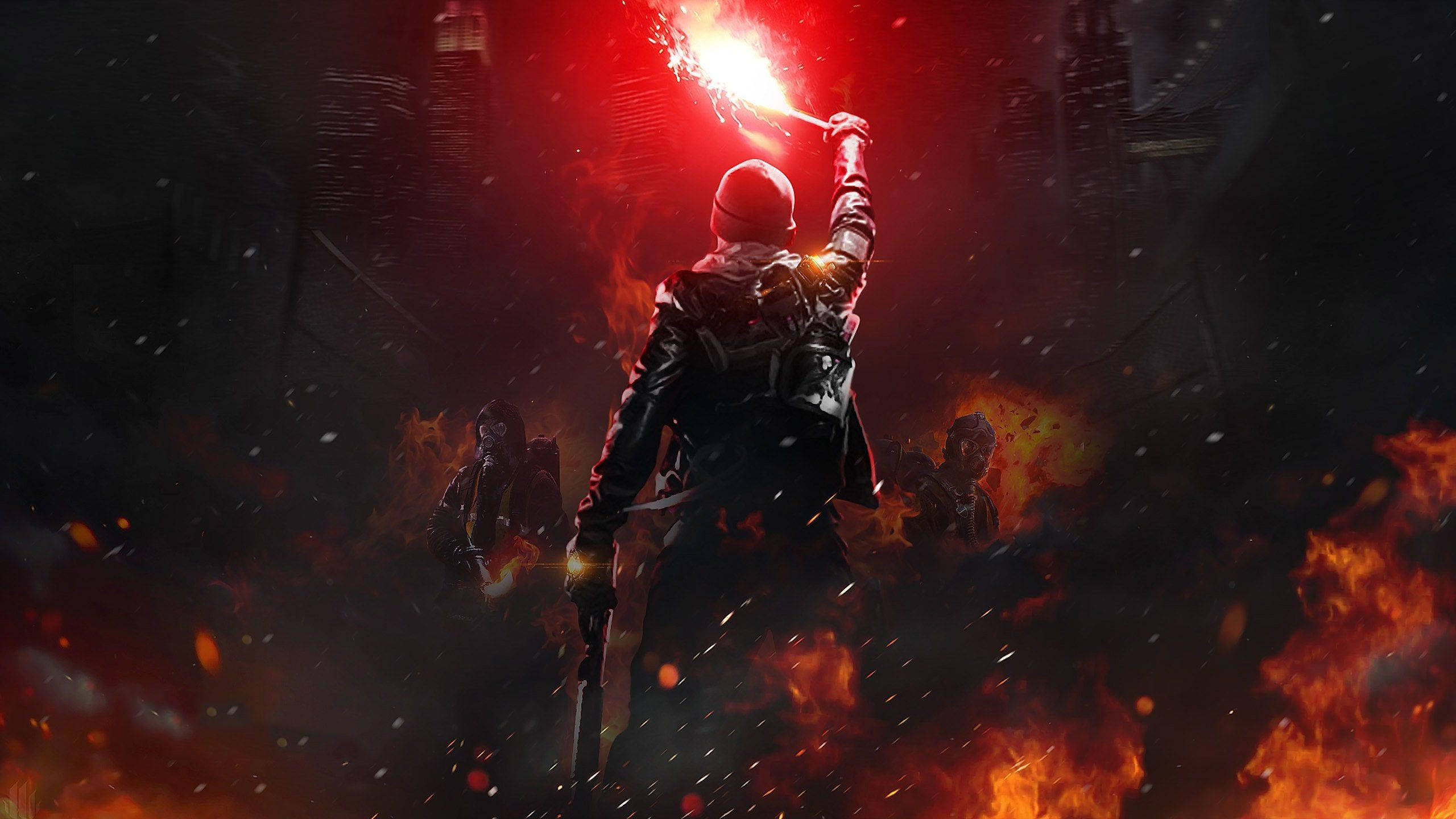 Division 2, red helmet, flaming torch, 2K Desktop Wallpaper