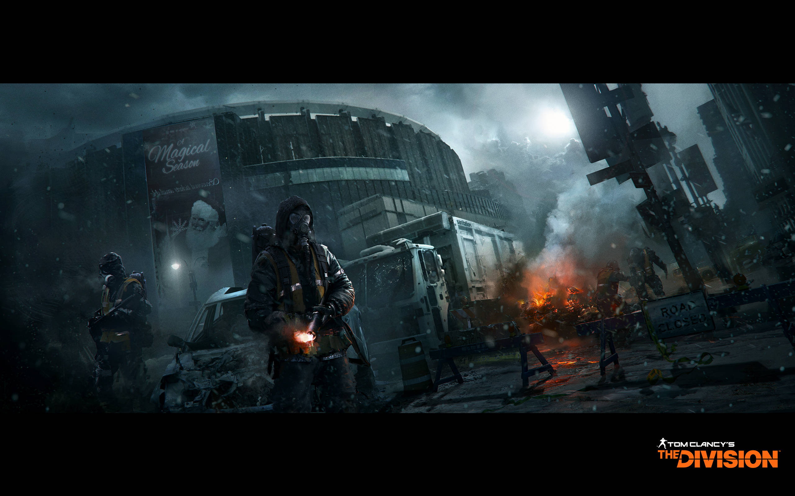 The Division, night, snow-blown city street, 2K Desktop Wallpaper