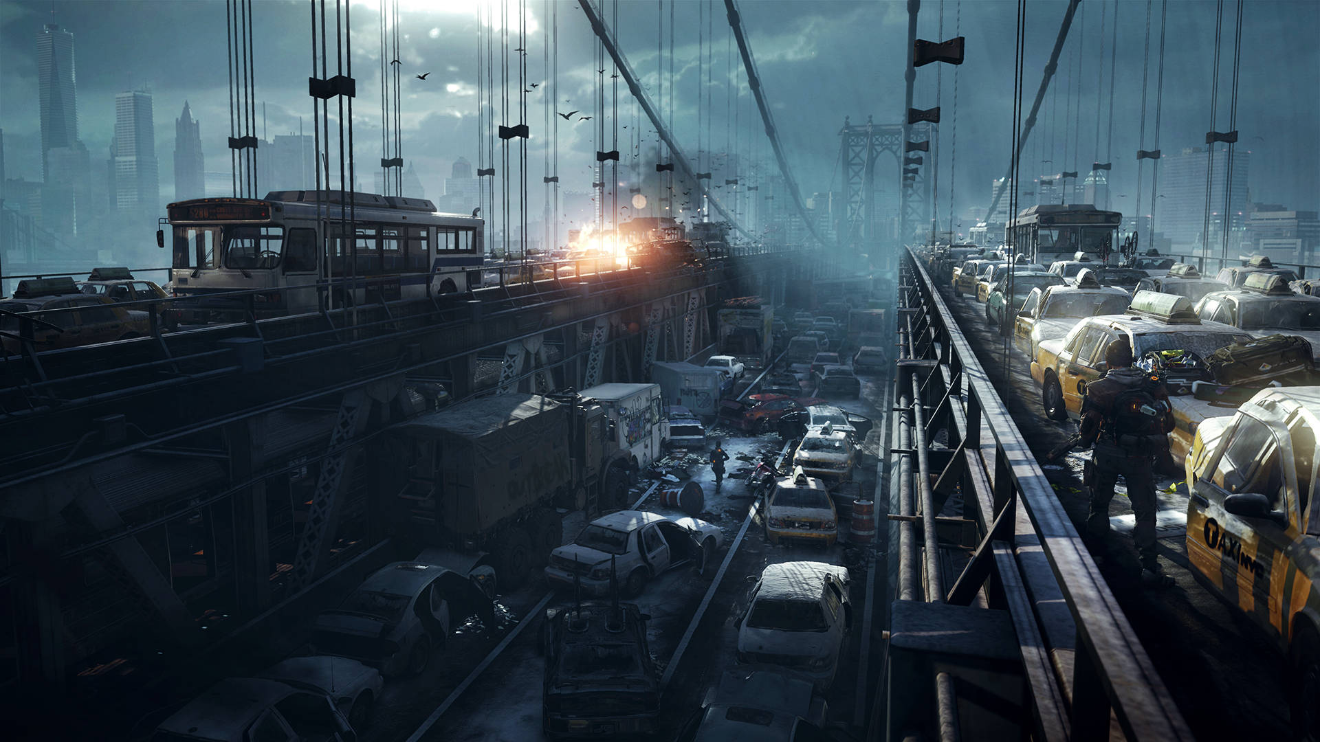 The Division, dystopian city bridge, abandoned cars, Full HD Desktop Wallpaper
