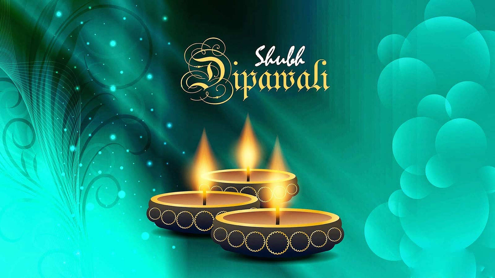 Turquoise Diwali Poster, Diwali oil lamps, vibrant teal background, Full HD Desktop Wallpaper