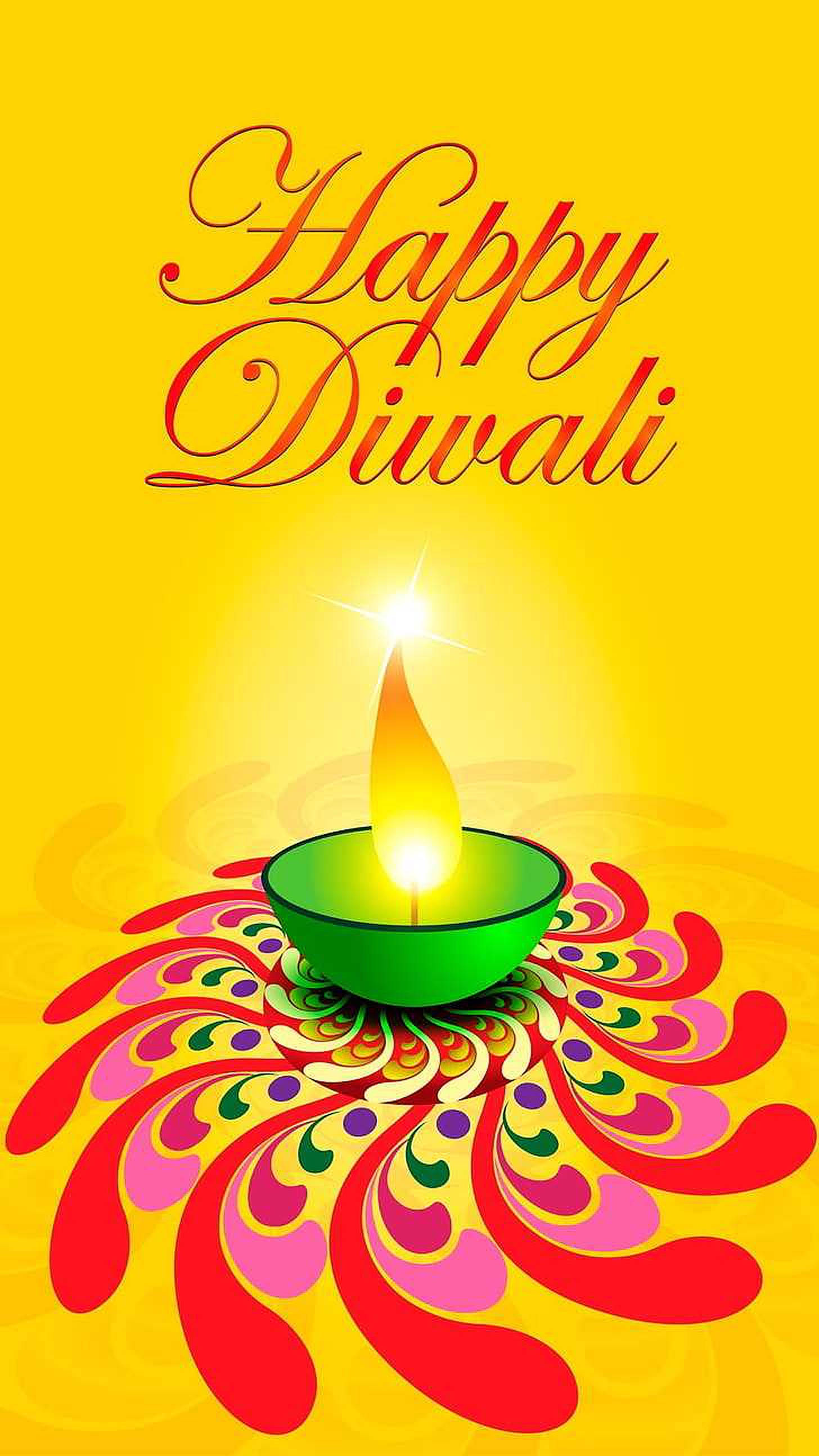Diwali, glowing green diya candle, vibrant red pink and purple floral patterns, 2K Phone Wallpaper